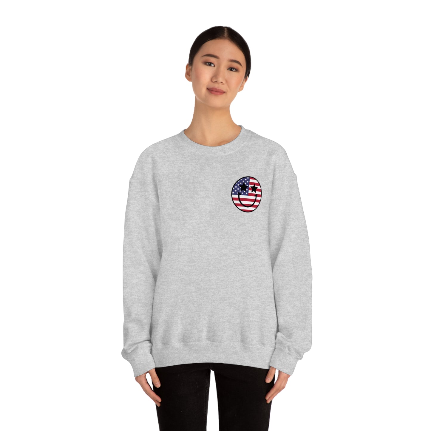 "Land of the Free Because of the Brave with Smiley Face Front" (Front & Back Design) - Unisex Heavy Blend™ Crewneck Sweatshirt