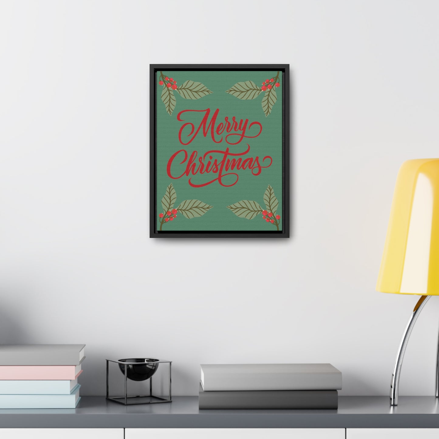 Merry Christmas Holly Berry Christmas Leaf Gallery Canvas Wraps, Vertical Frame