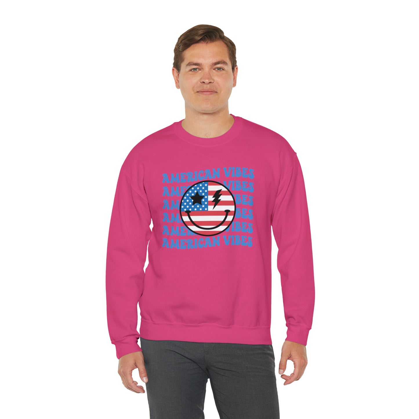 USA American Vibes Flag Smiley Face Heavy Blend™ Crewneck Sweatshirt