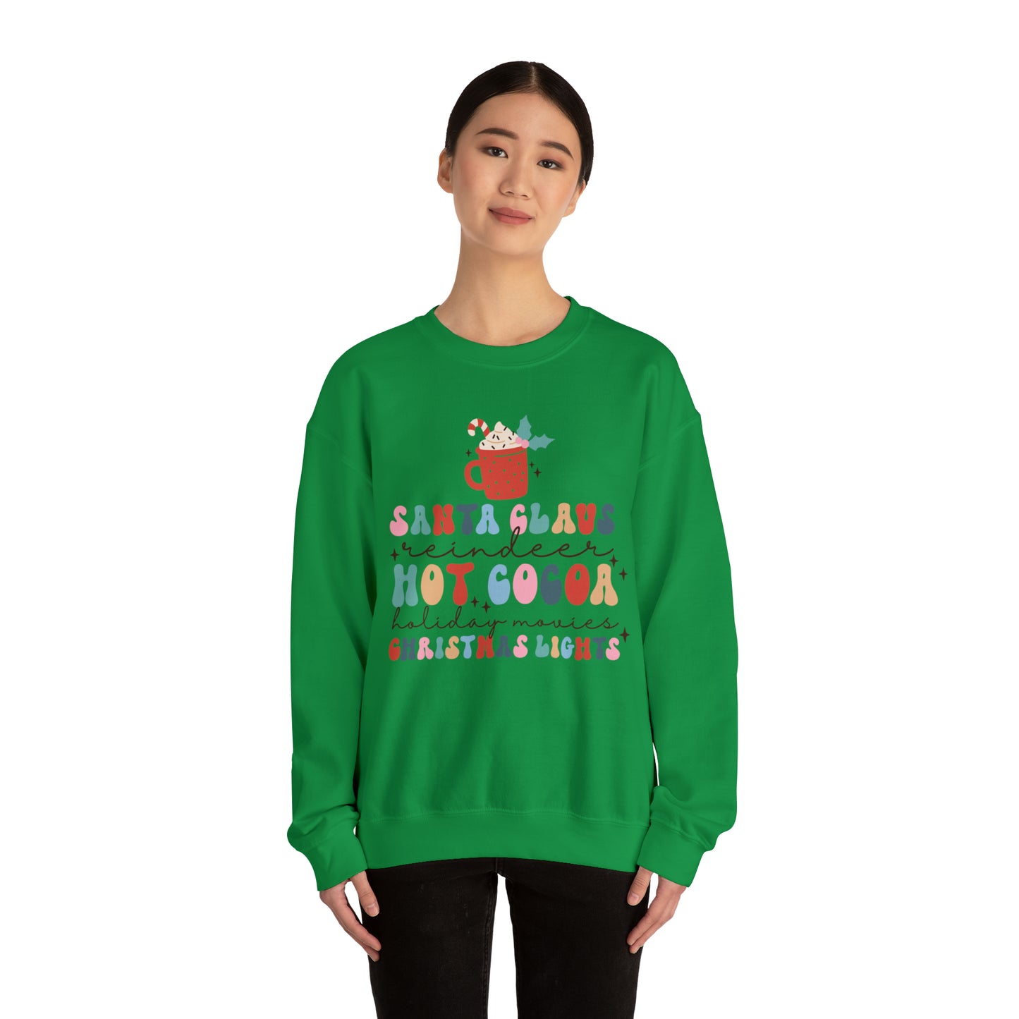 Santa Claus Reindeer Hot Cocoa Christmas Lights Heavyweight Crewneck Sweatshirt