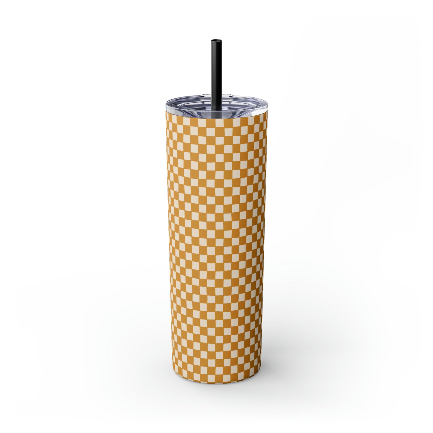 Boho Golden Checkerboard Print Skinny Tumbler with Straw, 20oz