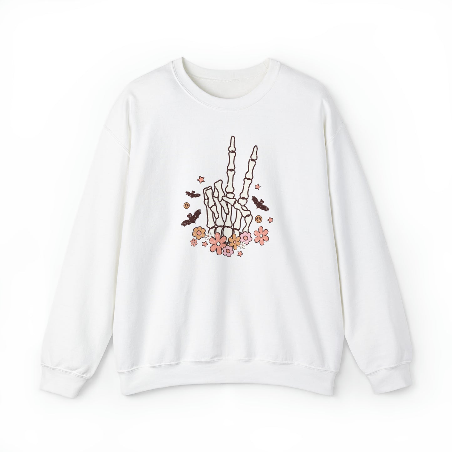 Boho Skeleton Floral Piece Sign Hand Fall Halloween Retro Warm Colored Unisex Heavy Blend™ Crewneck Sweatshirt