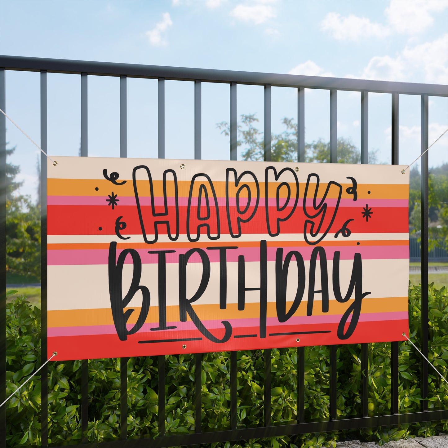Retro Stripped Happy Birthday Matte Banner - Pink