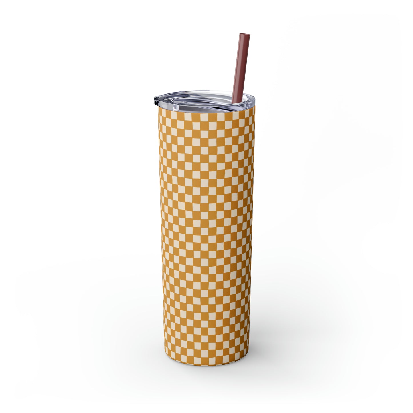 Boho Golden Checkerboard Print Skinny Tumbler with Straw, 20oz