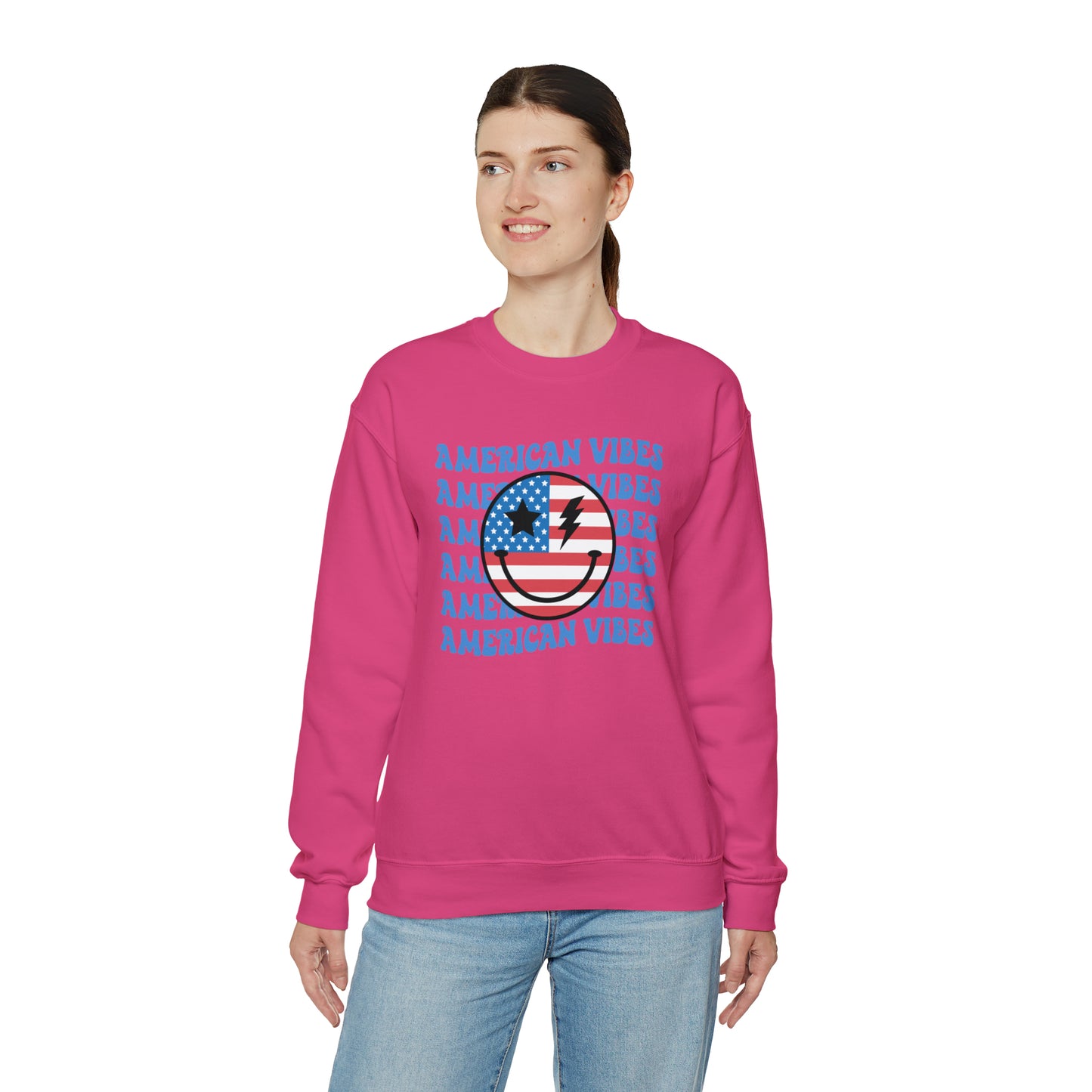 USA American Vibes Flag Smiley Face Heavy Blend™ Crewneck Sweatshirt