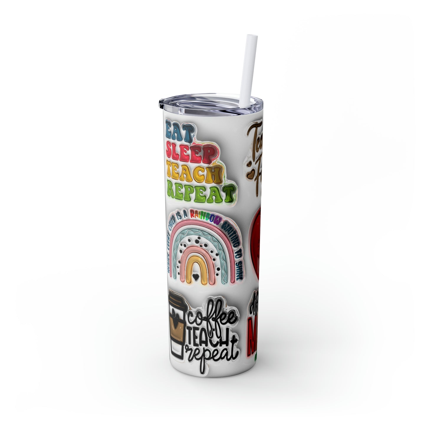 A+ Teacher Quotes Collage Skinny Tumbler with Straw, 20oz