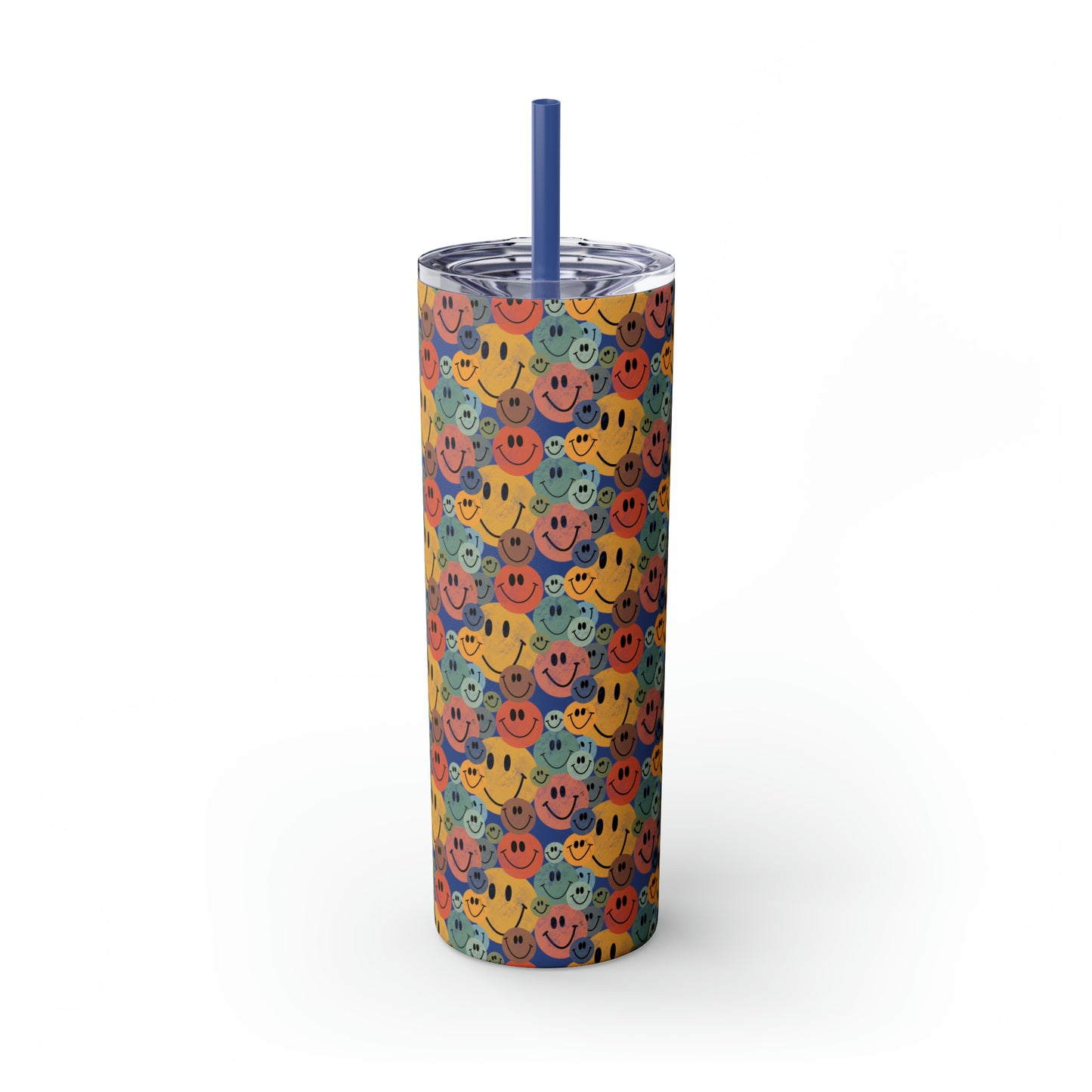 Old School Smiley Face Stickers Patterned Skinny Tumbler with Straw, 20oz