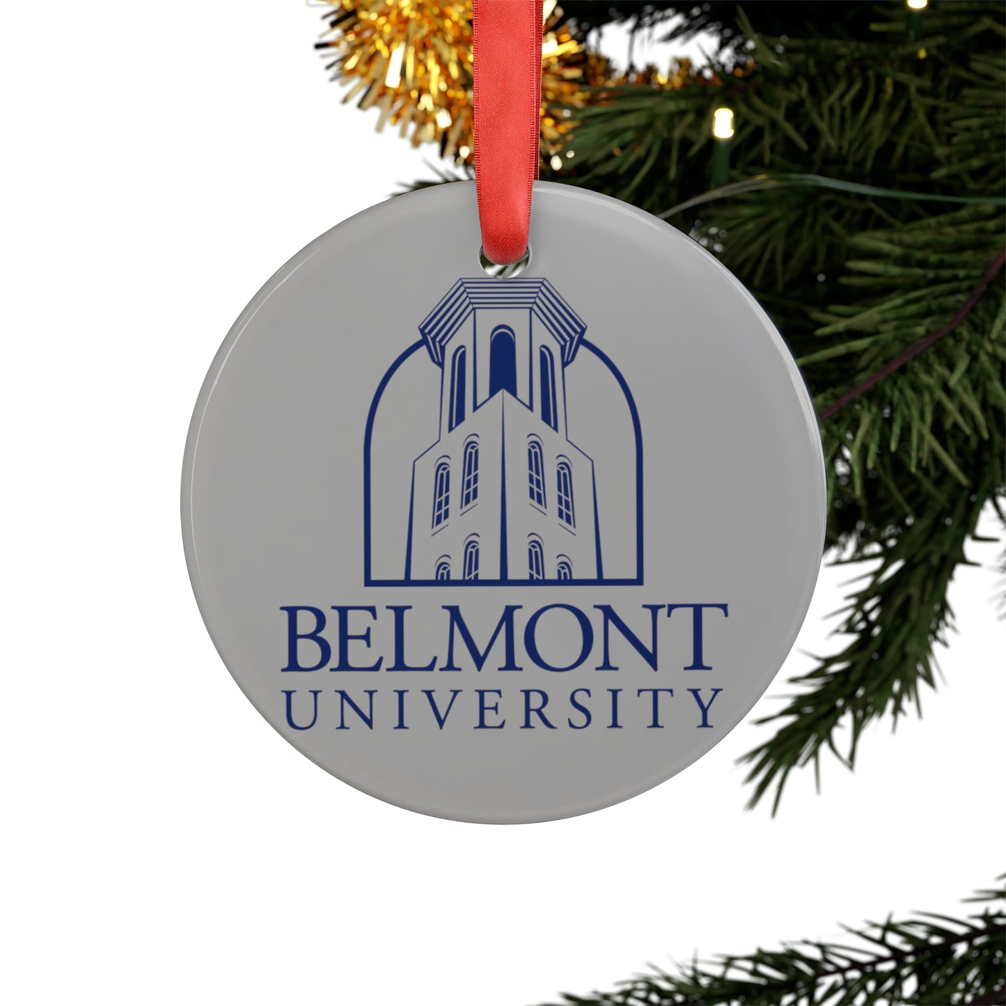 Belmont University Tower Logo Simple Ornament with Ribbon - Gray
