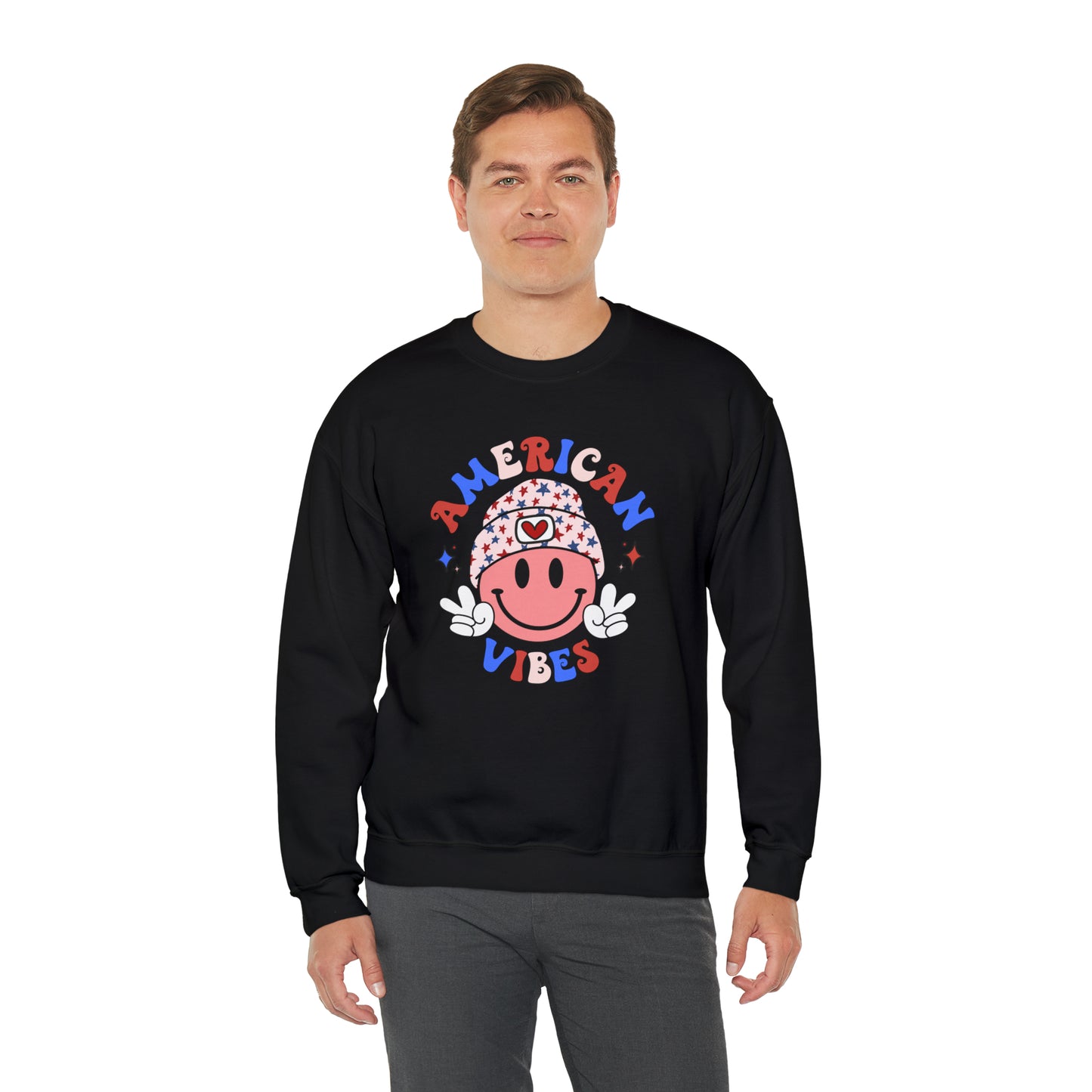 USA American Vibes Smiley Face with Heart Beanie and Peace Signs Heavy Blend™ Crewneck Sweatshirt