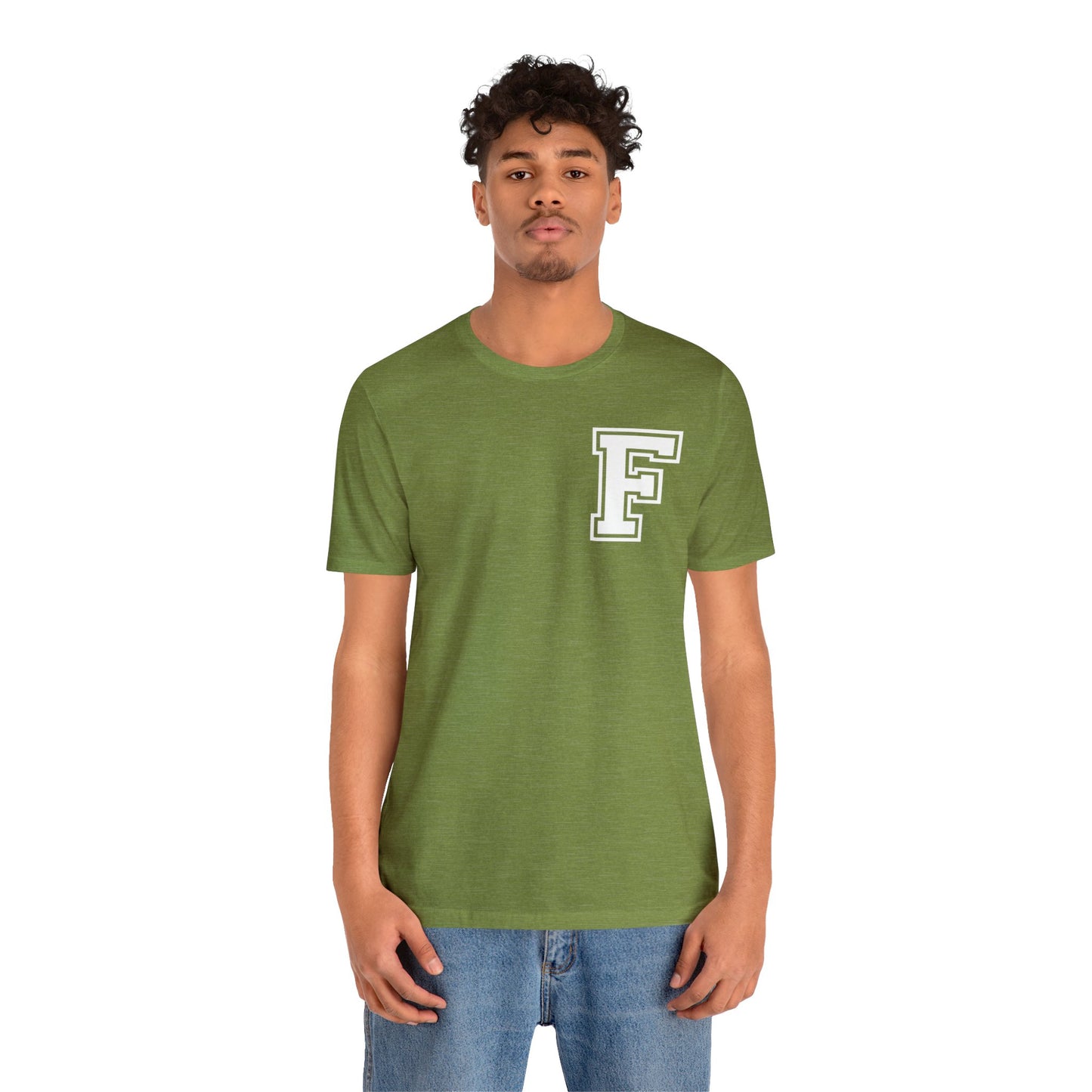 Front and Back Design - Varsity F Vertical Freeburg Midgets Logo Bella Jersey Short Sleeve Tee (Unisex)