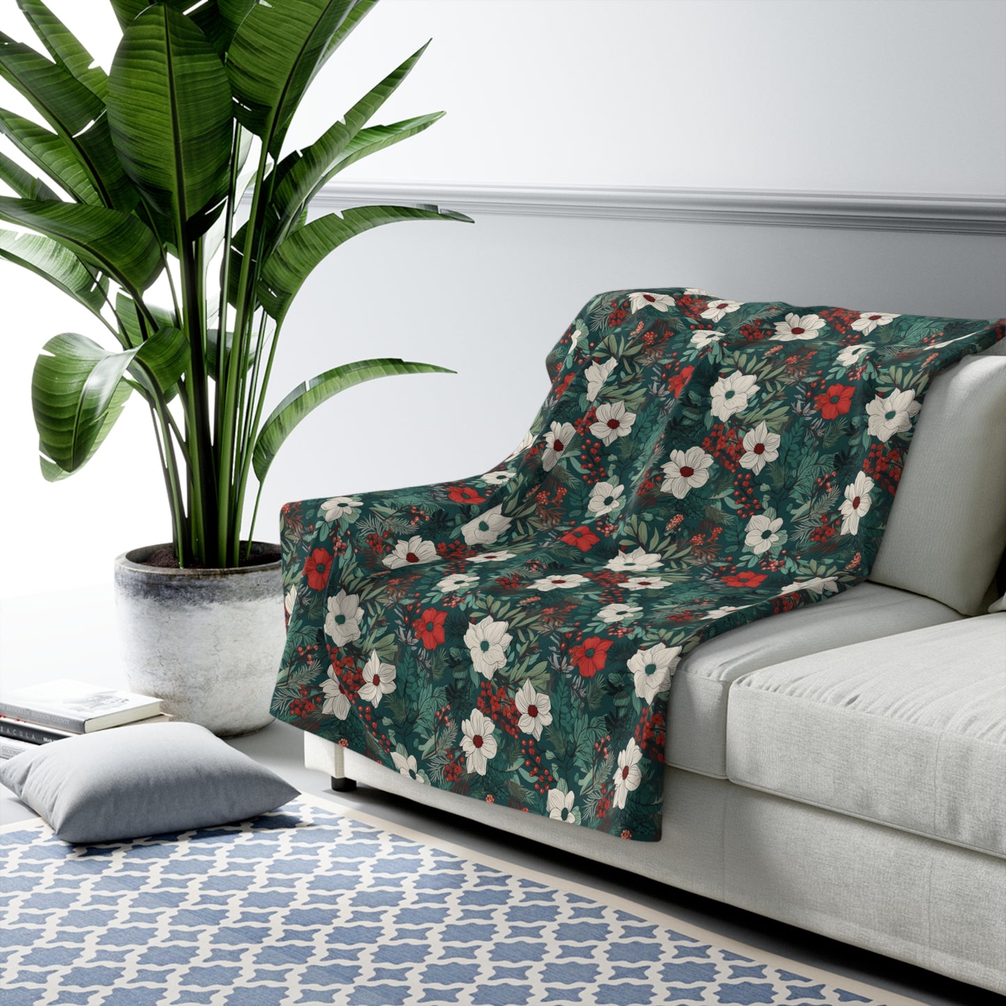 White and Red Floral Christmas Botanical Sherpa Fleece Blanket