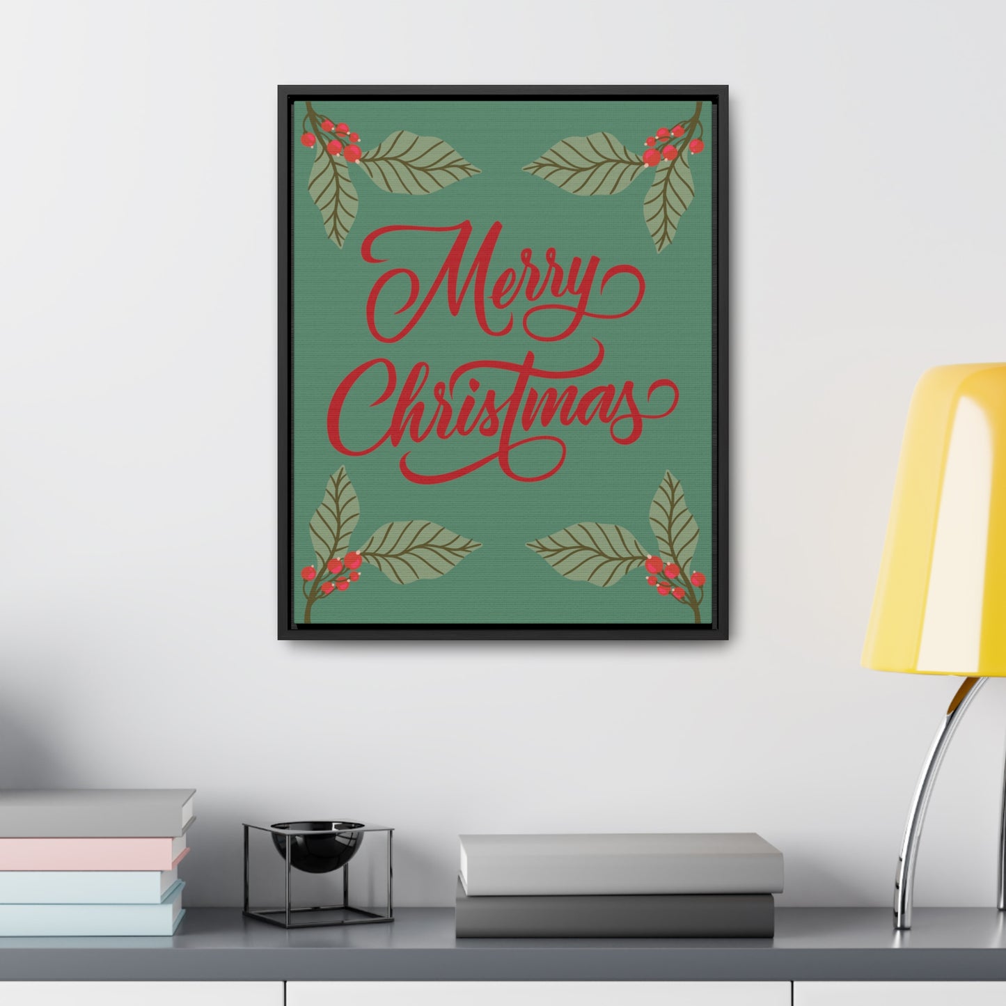 Merry Christmas Holly Berry Christmas Leaf Gallery Canvas Wraps, Vertical Frame