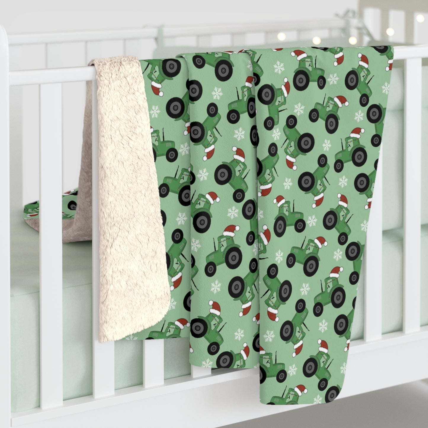 Green Christmas Santa Tractor Sherpa Fleece Blanket
