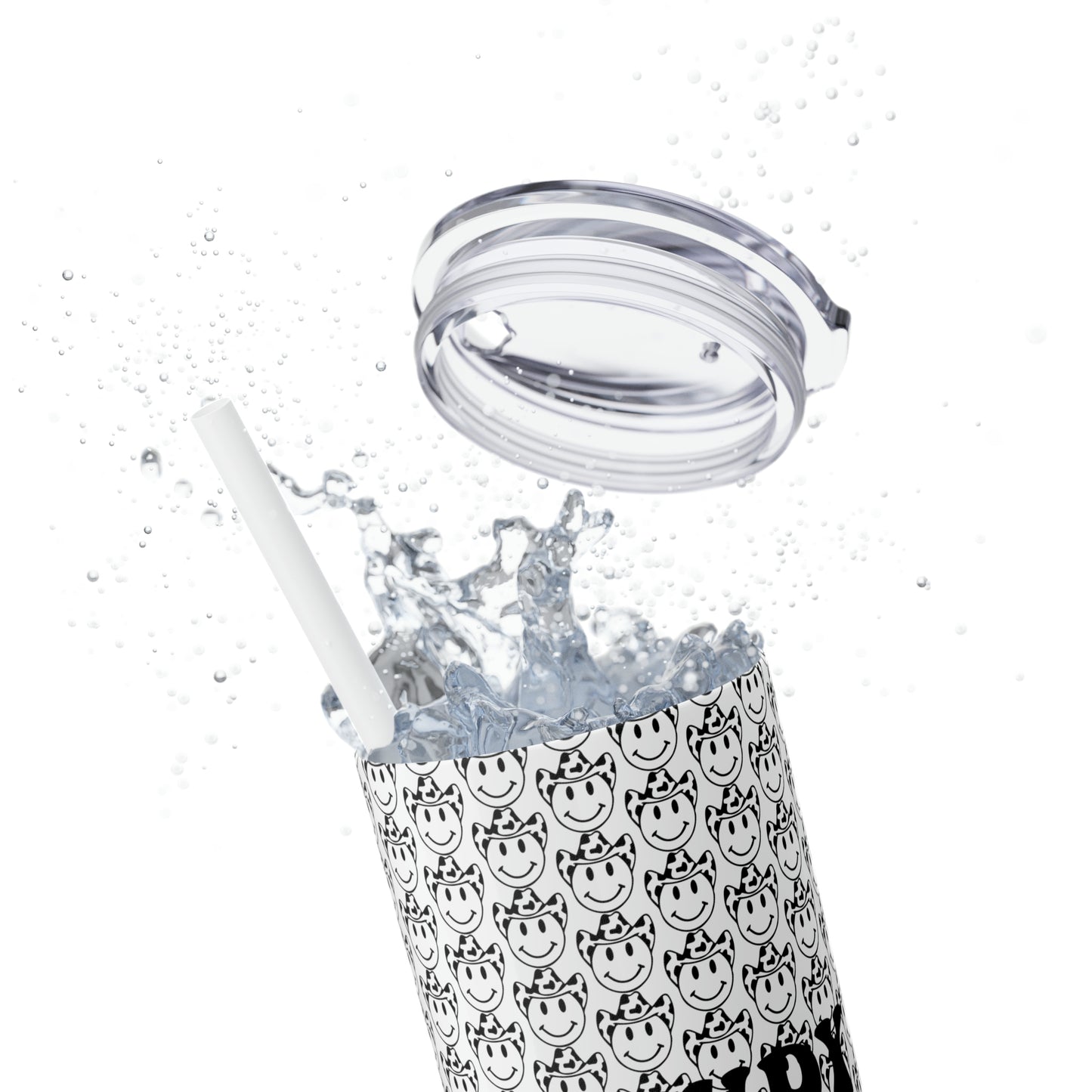 Howdy Howdy Howdy Smiley Face with Cowboy Hat Skinny Tumbler with Straw, 20oz