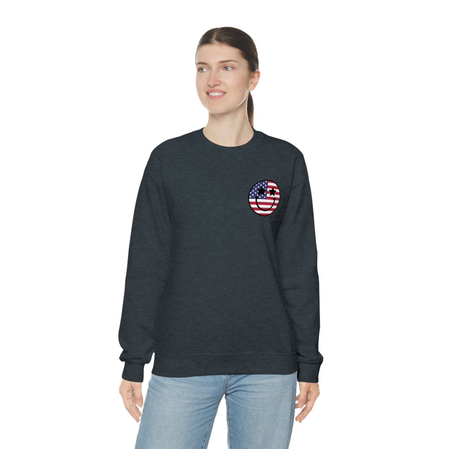"Land of the Free Because of the Brave with Smiley Face Front" (Front & Back Design) - Unisex Heavy Blend™ Crewneck Sweatshirt