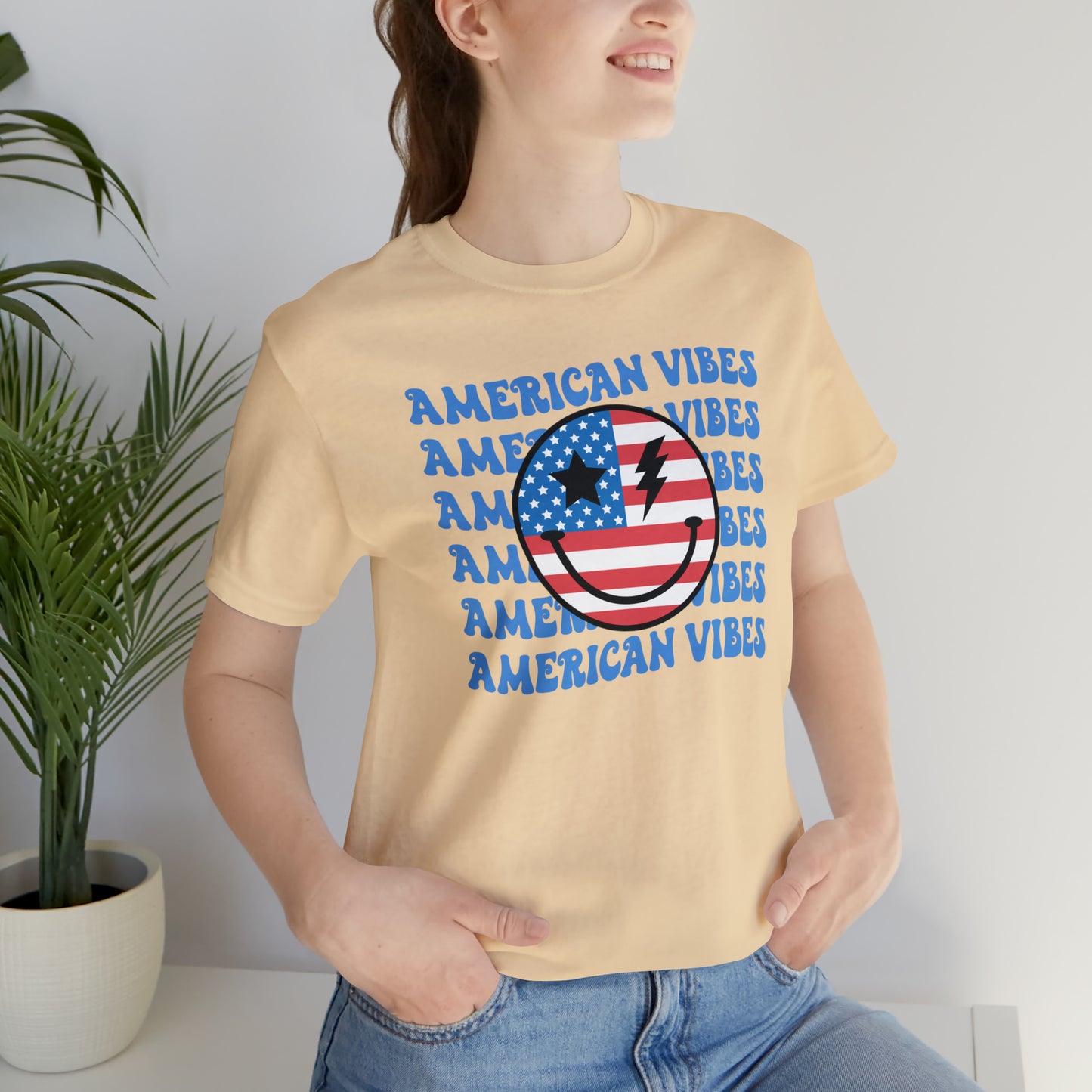 USA American Vibes American Flag Smiley Face Unisex Jersey Short Sleeve Tee