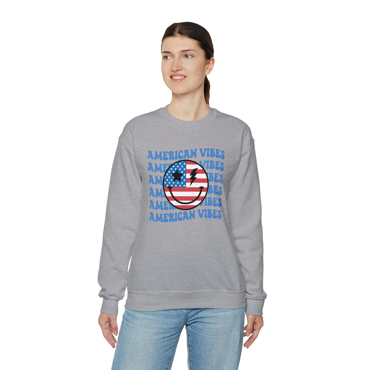 USA American Vibes Flag Smiley Face Heavy Blend™ Crewneck Sweatshirt