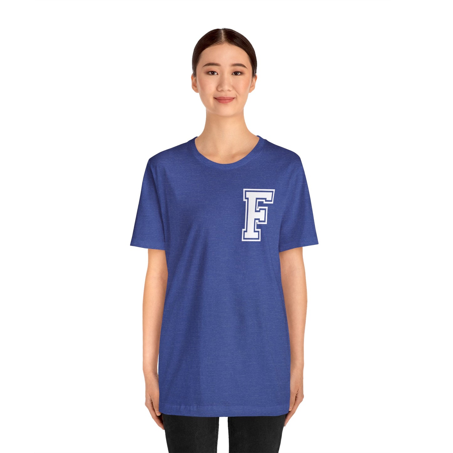 Front and Back Design - Varsity F Vertical Freeburg Midgets Logo Bella Jersey Short Sleeve Tee (Unisex)