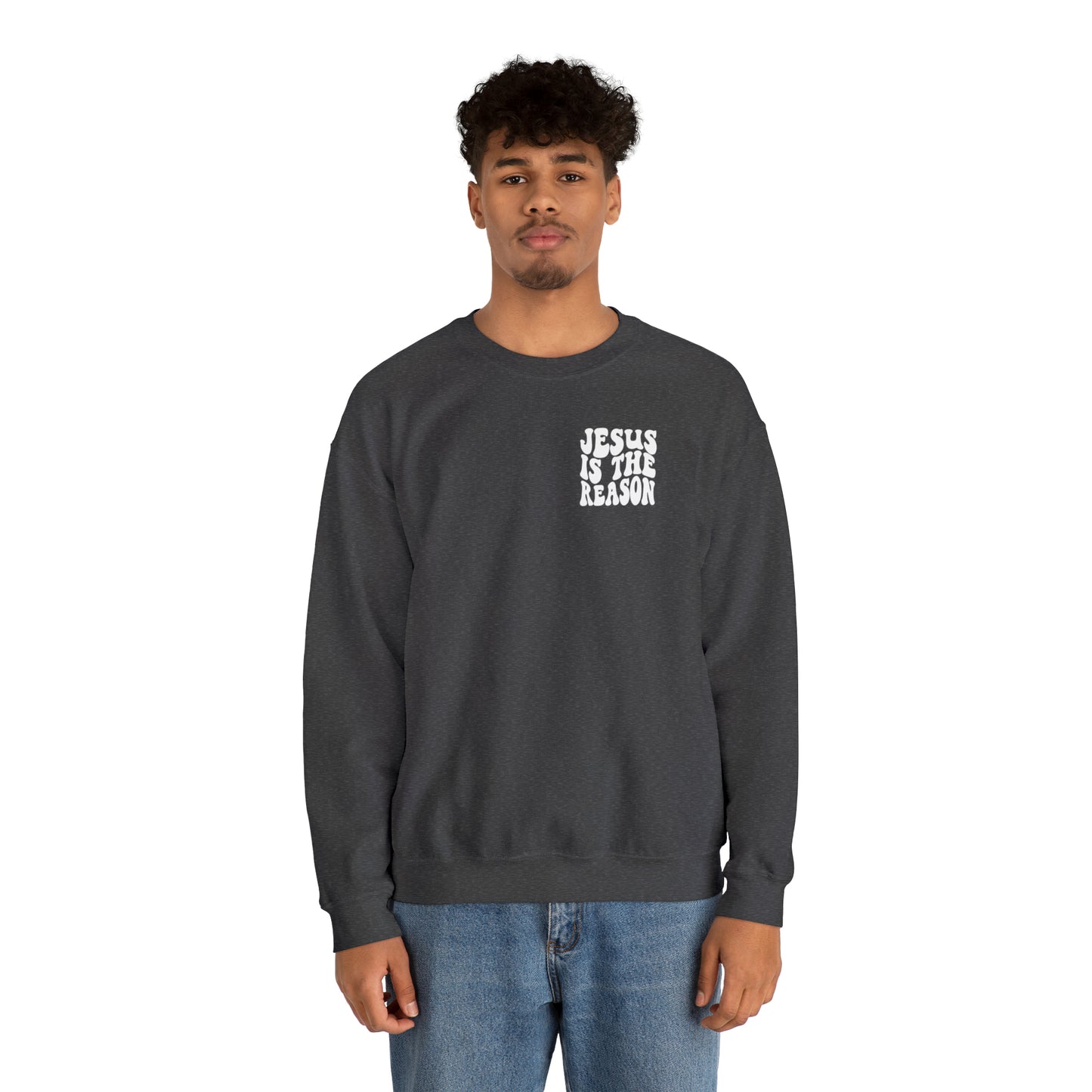 Jesus is the Reason Front & Back Design White Logo Unisex Heavy Blend™ Crewneck Sweatshirt