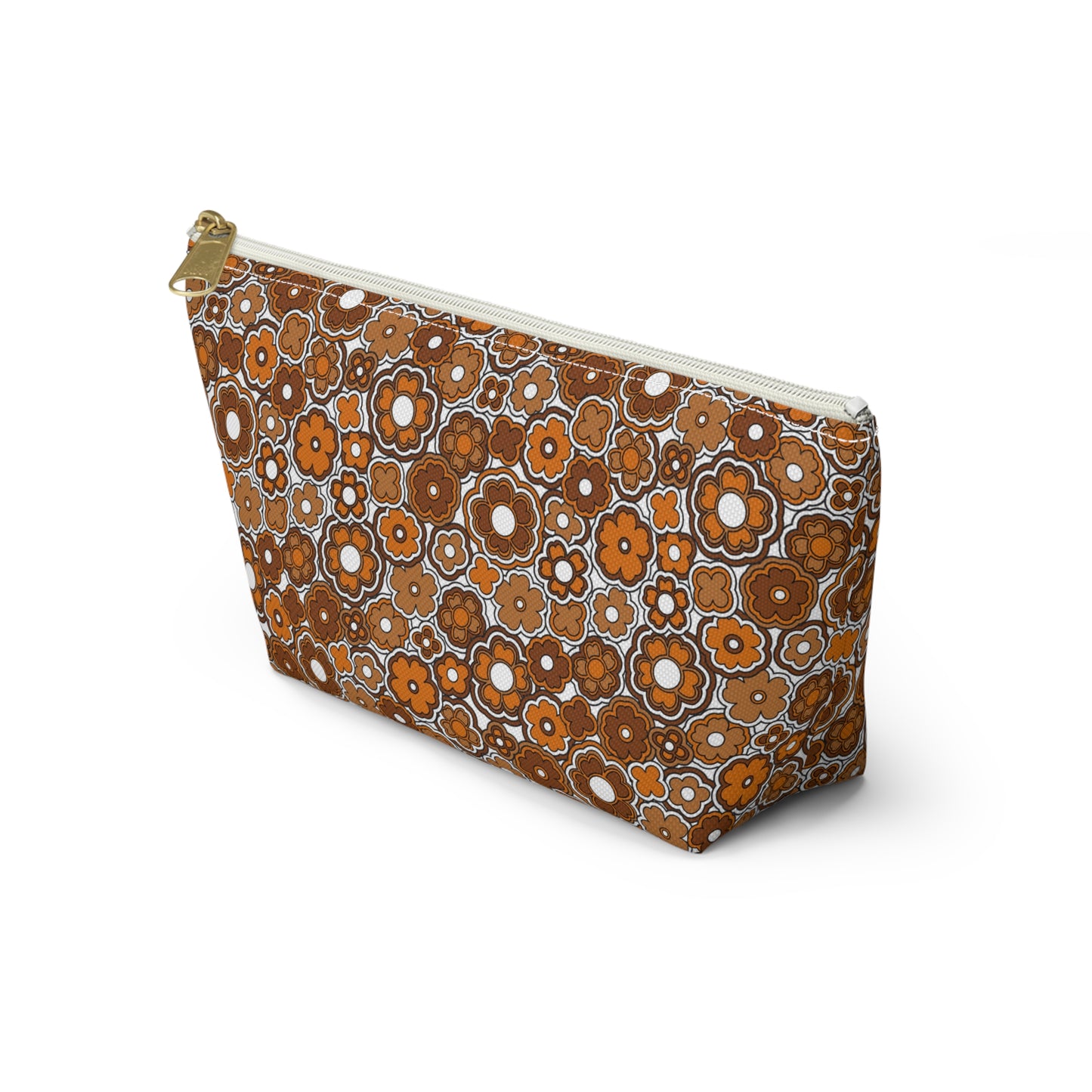 Flower Power Retro Brown Floral Print Design  Accessory Pouch w T-bottom
