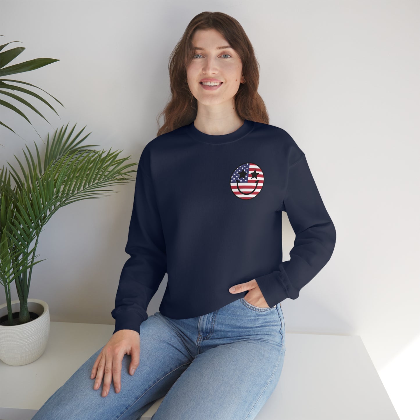 "Land of the Free Because of the Brave with Smiley Face Front" (Front & Back Design) - Unisex Heavy Blend™ Crewneck Sweatshirt