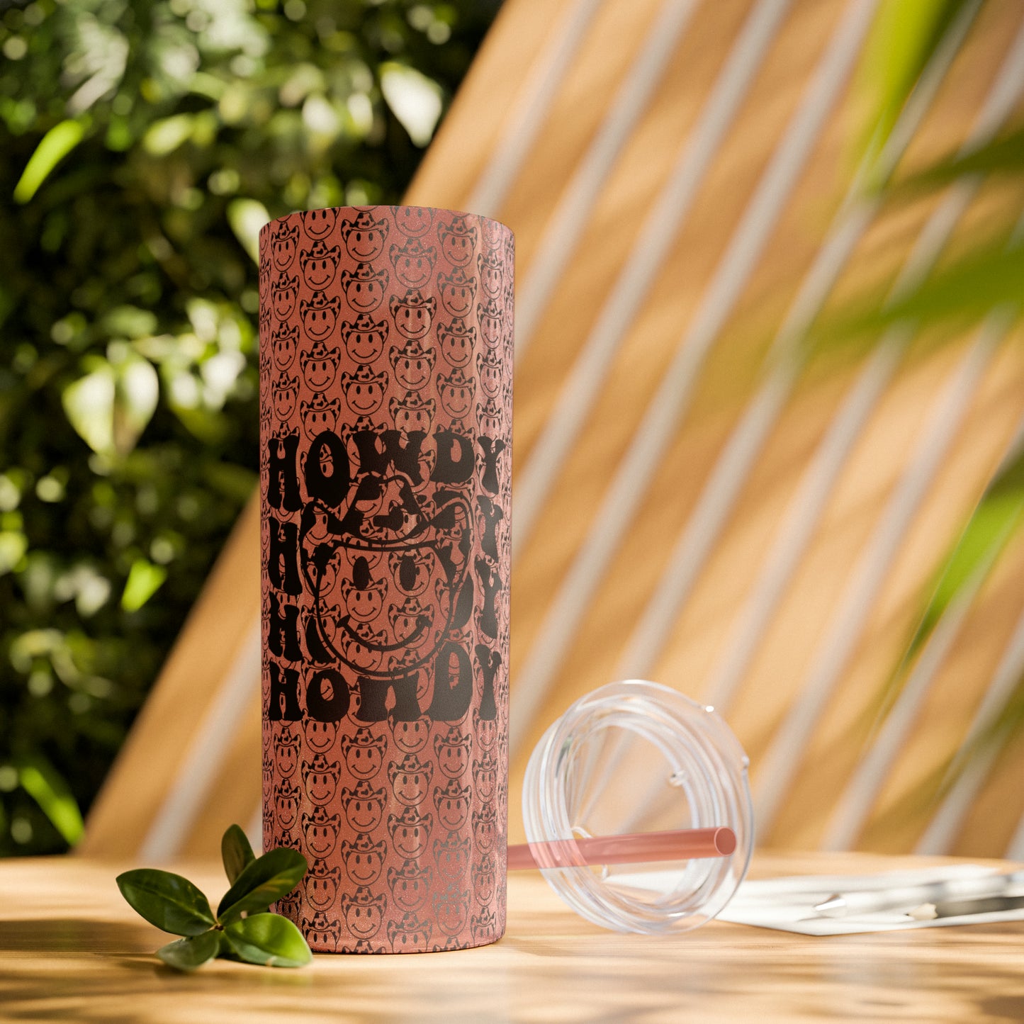 Howdy Howdy Howdy Smiley Face with Cowboy Hat Skinny Tumbler with Straw, 20oz