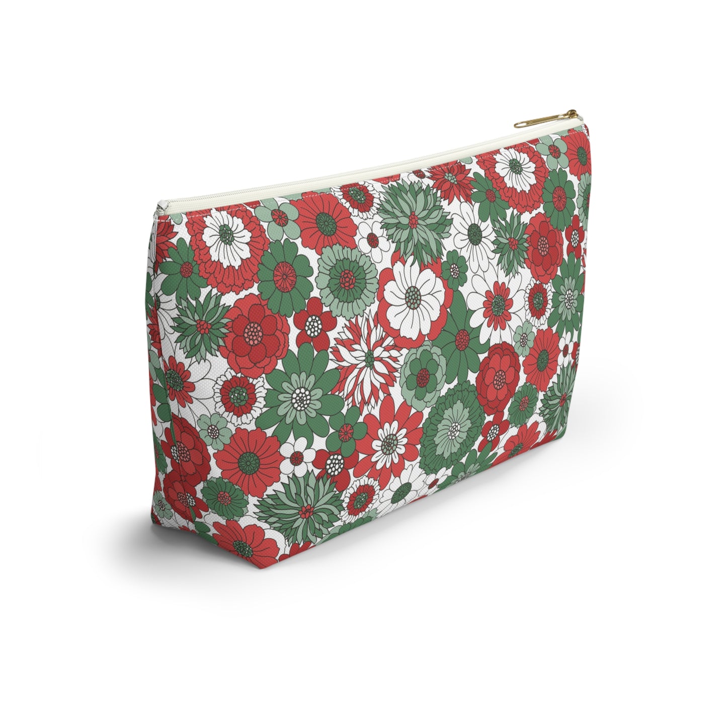 Retro Floral Christmas Red and Green Print Design Accessory Pouch w T-bottom