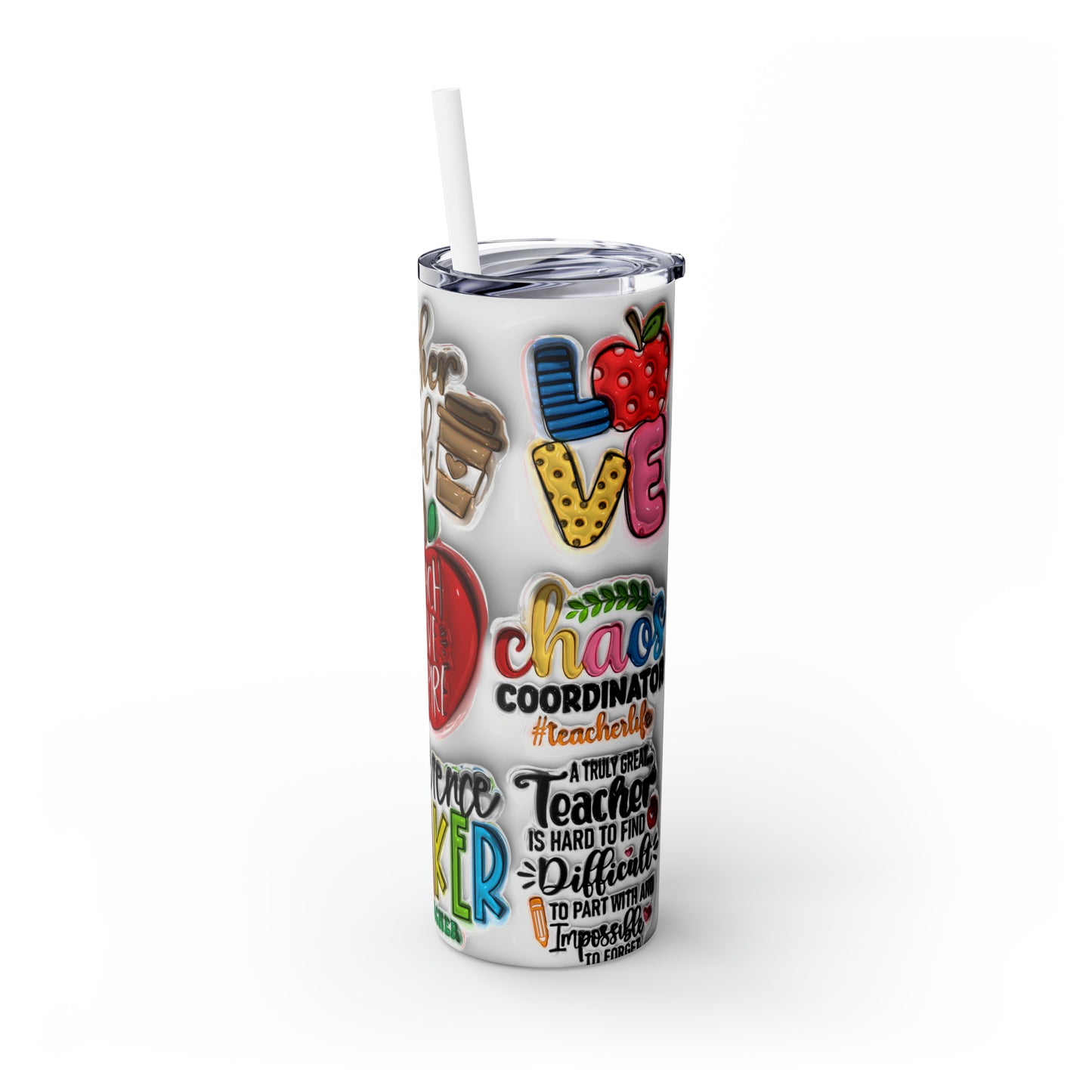 A+ Teacher Quotes Collage Skinny Tumbler with Straw, 20oz