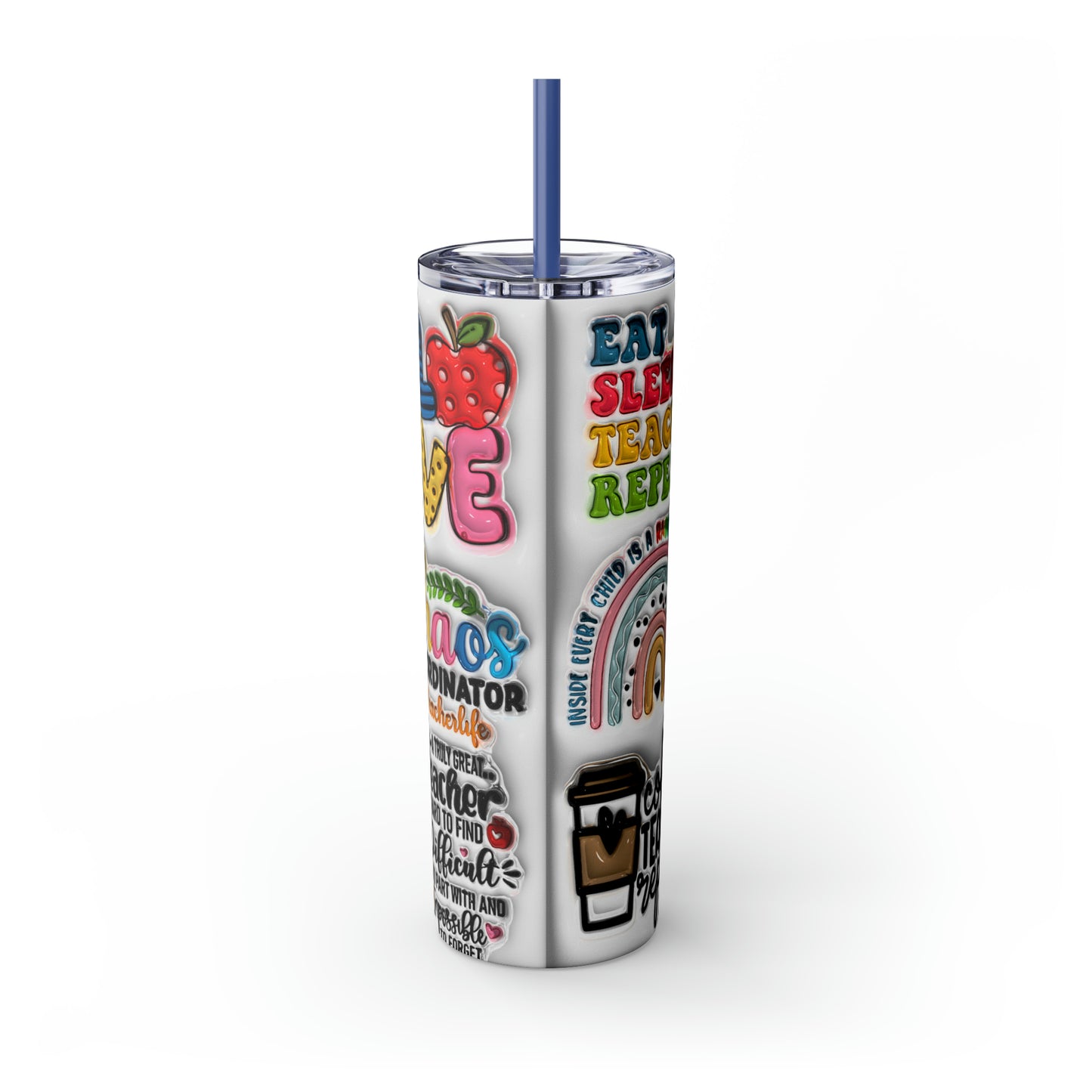 A+ Teacher Quotes Collage Skinny Tumbler with Straw, 20oz