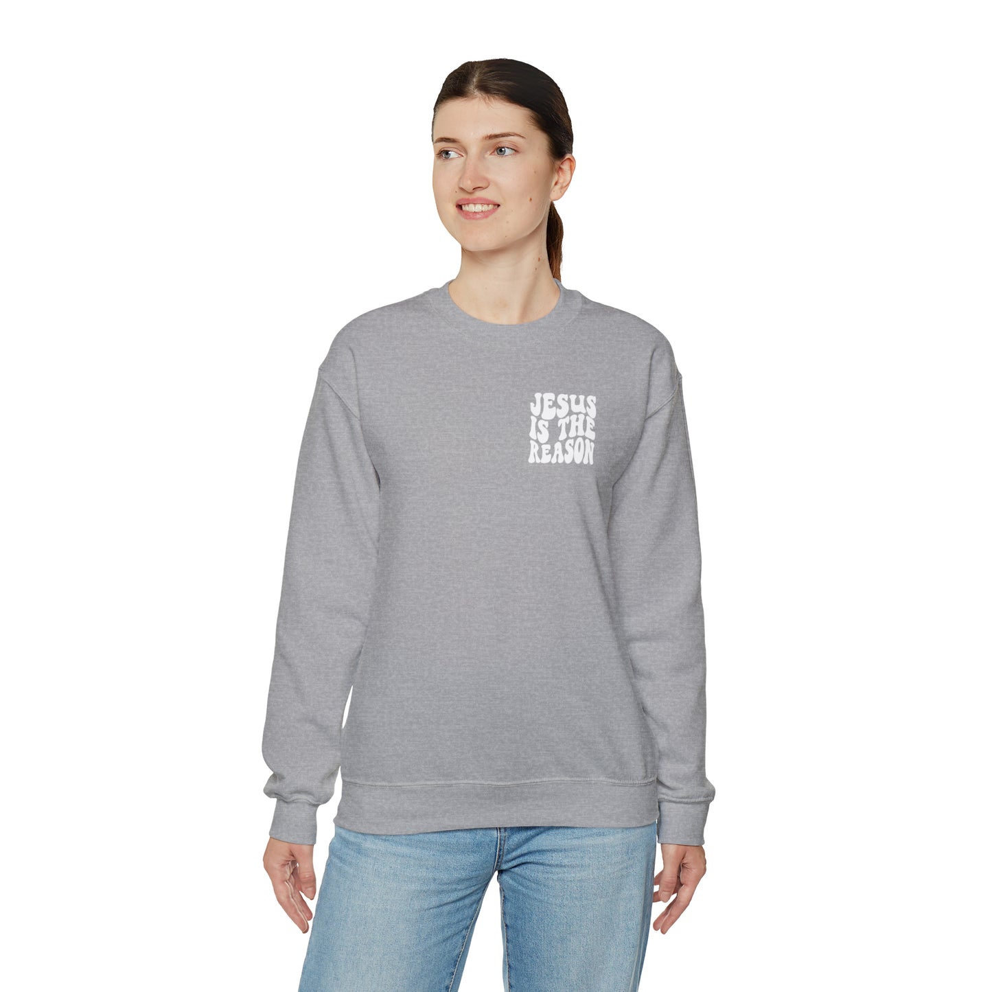 Jesus is the Reason Front & Back Design White Logo Unisex Heavy Blend™ Crewneck Sweatshirt