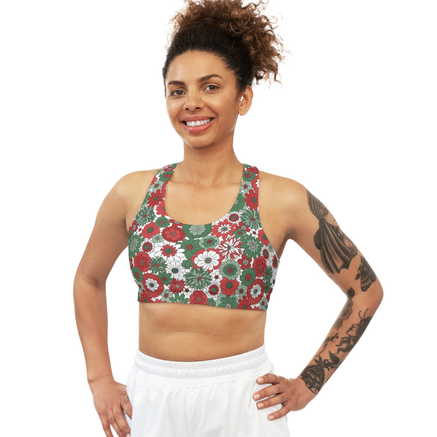 Retro Christmas Green Red White Floral Yoga Seamless Sports Bra - Light Turquoise