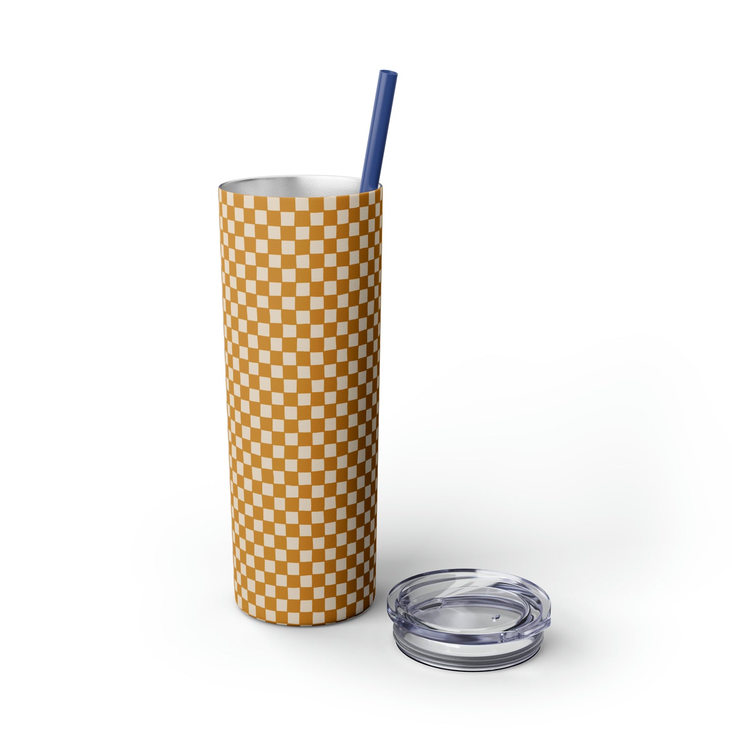 Boho Golden Checkerboard Print Skinny Tumbler with Straw, 20oz