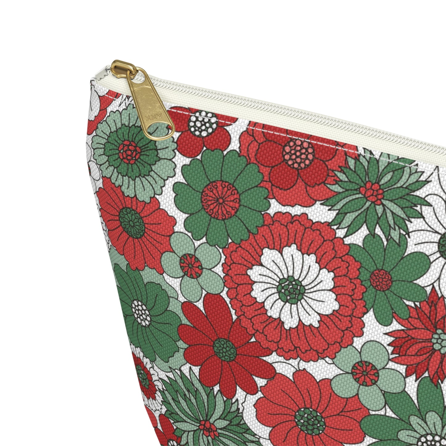Retro Floral Christmas Red and Green Print Design Accessory Pouch w T-bottom