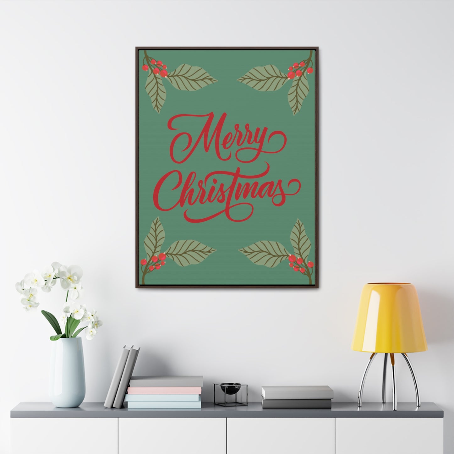 Merry Christmas Holly Berry Christmas Leaf Gallery Canvas Wraps, Vertical Frame