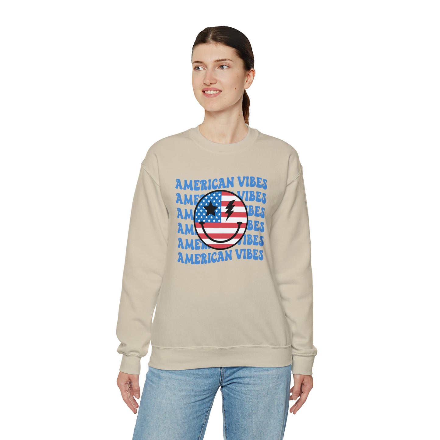 USA American Vibes Flag Smiley Face Heavy Blend™ Crewneck Sweatshirt