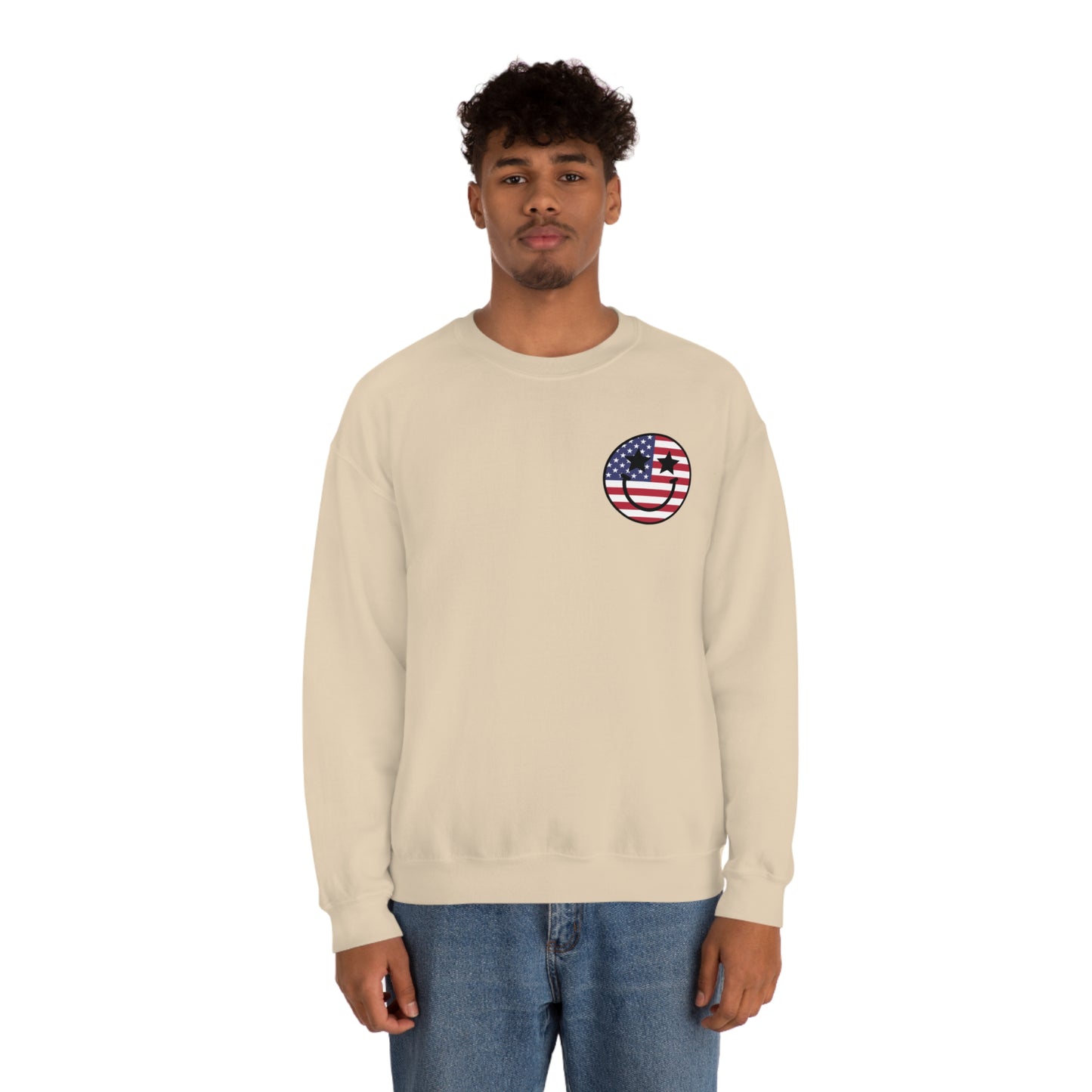 "Land of the Free Because of the Brave with Smiley Face Front" (Front & Back Design) - Unisex Heavy Blend™ Crewneck Sweatshirt