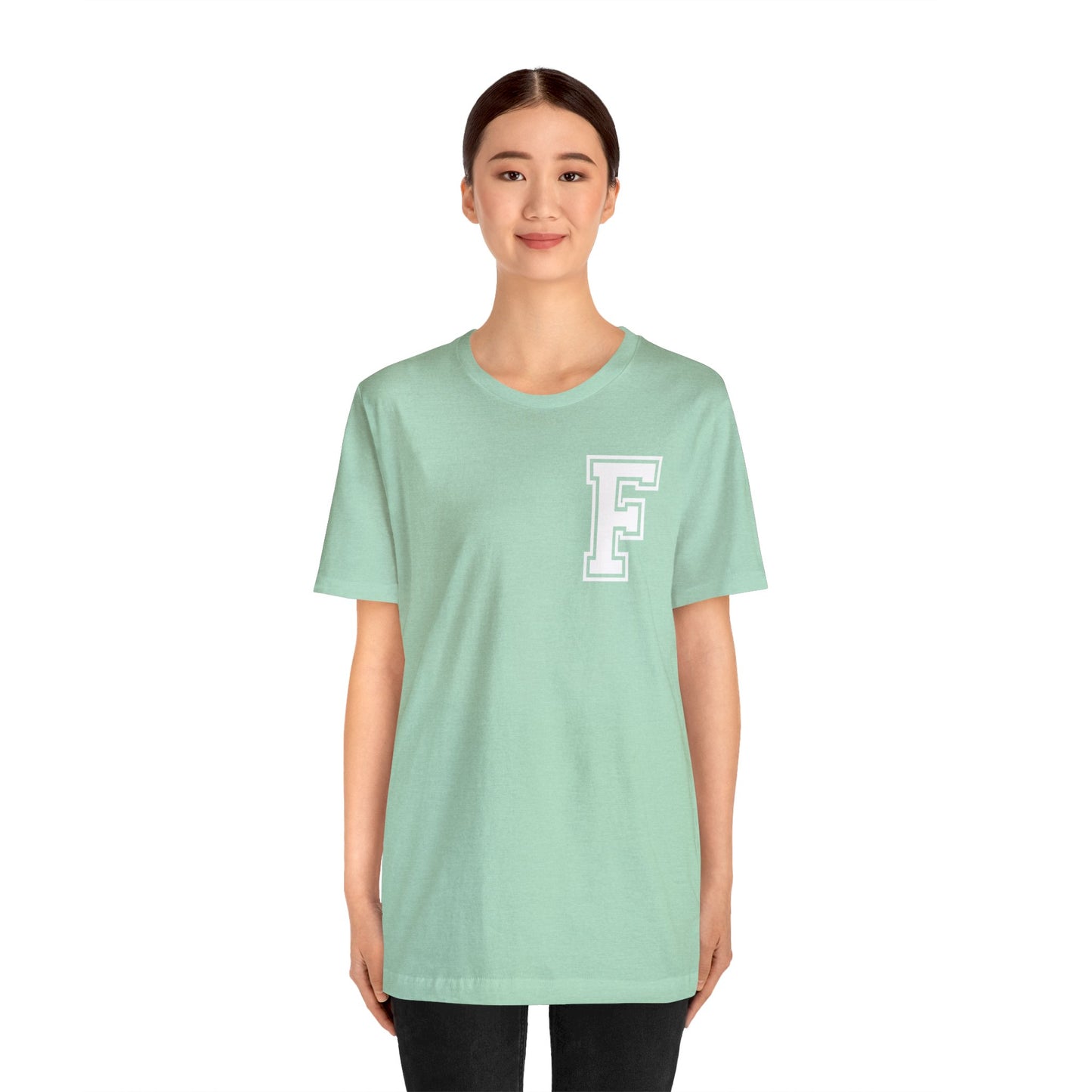 Front and Back Design - Varsity F Vertical Freeburg Midgets Logo Bella Jersey Short Sleeve Tee (Unisex)