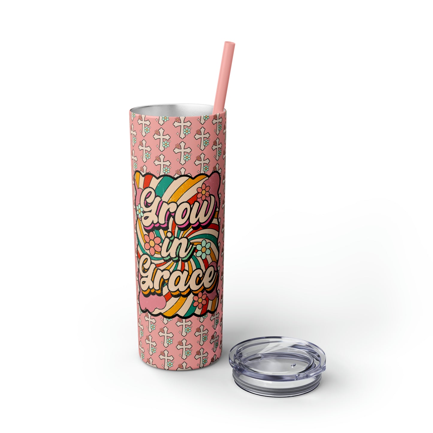 Grow in Grace with Daisy Crosses Christian Skinny Tumbler with Straw, 20oz