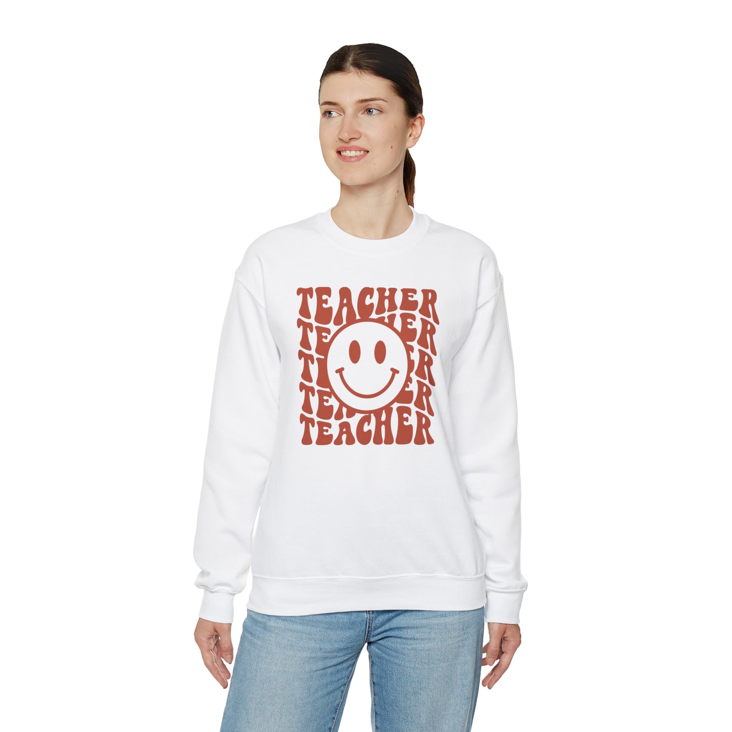 Retro Rust Colored Teacher with Smiley Face Unisex Heavy Blend™ Crewneck Sweatshirt