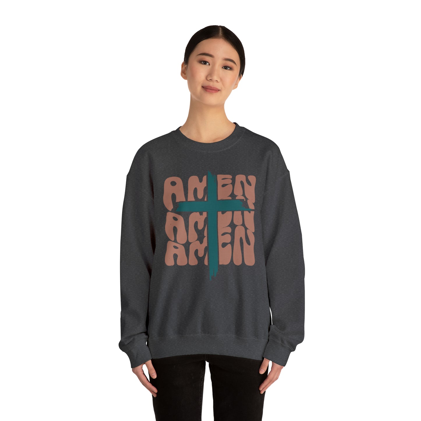Vintage Amen Amen Amen with Cross Design Boho Color Print Heavy Blend™ Crewneck Sweatshirt