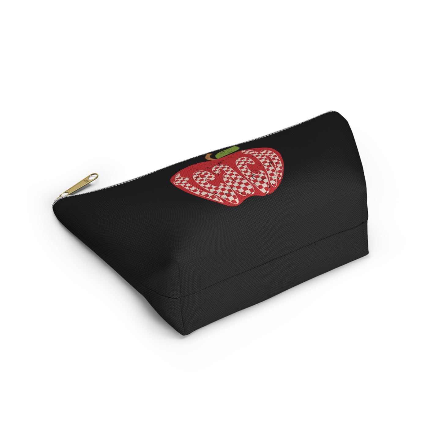 Distressed Teacher Checkered Apple Print Design Accessory Pouch w T-bottom - Black