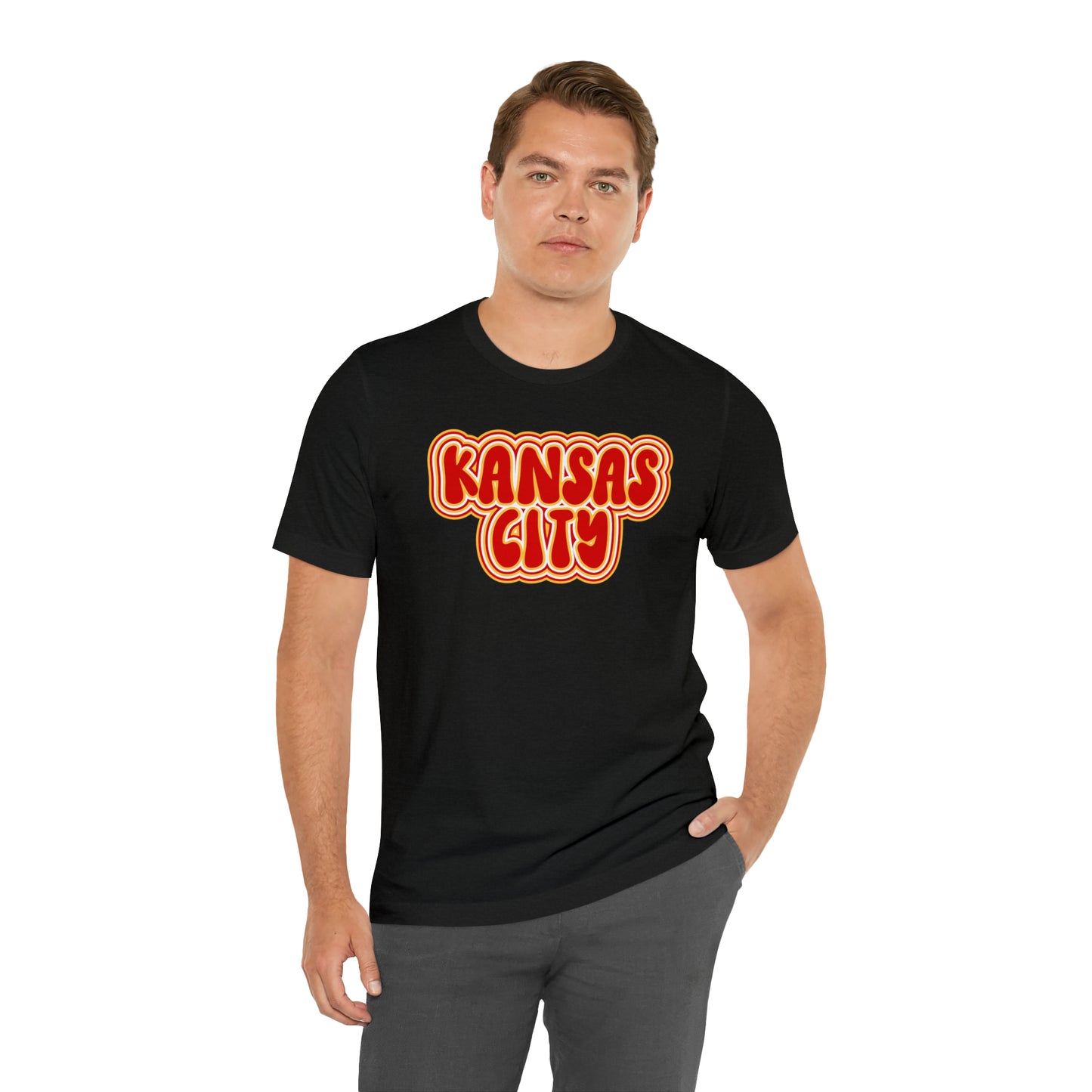 Swift Kelce Football Bubble Font Bella Jersey Short Sleeve Tee (Unisex) - Front and Back Design
