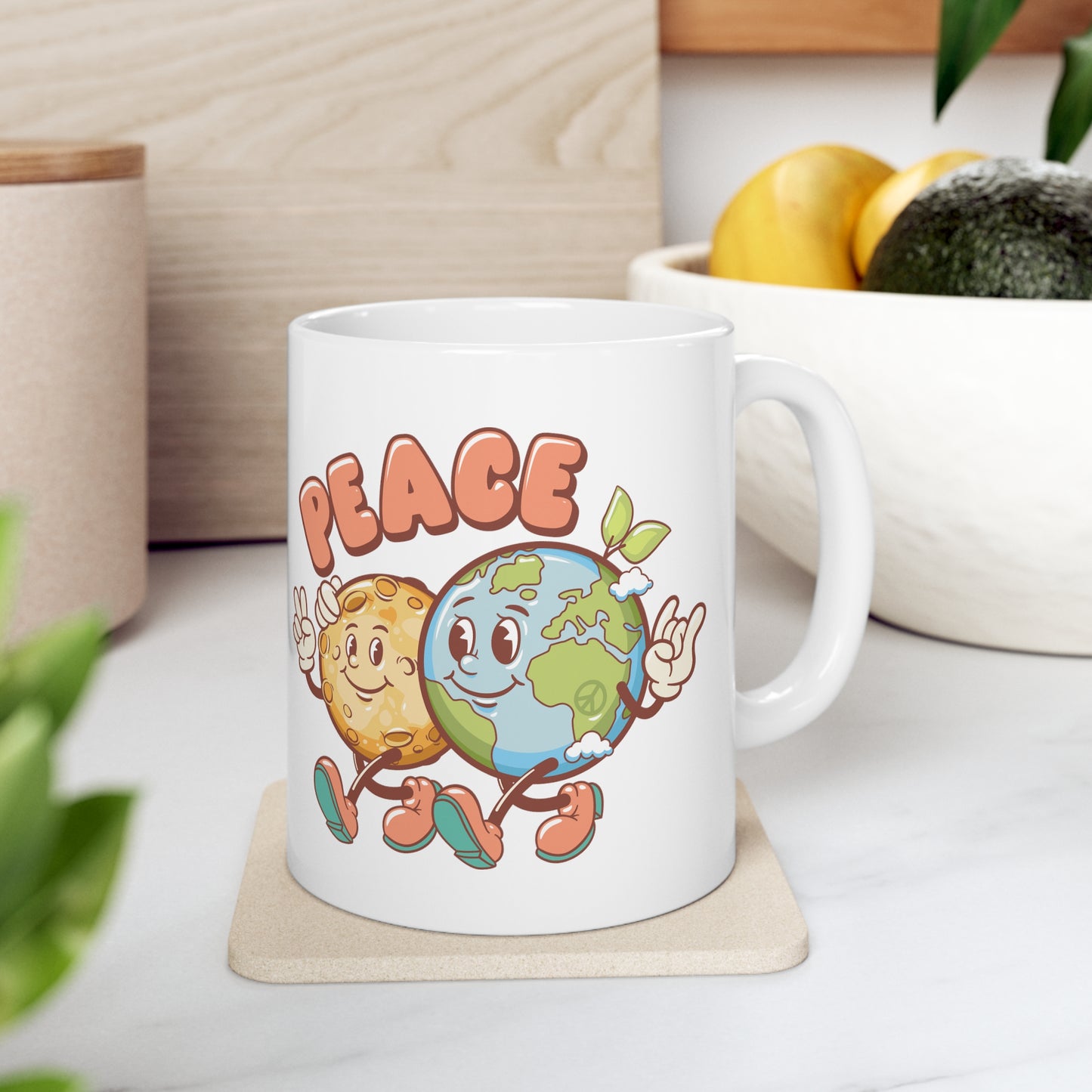 Earth and Moon Characters Spreading World Peace Ceramic Mug 11oz