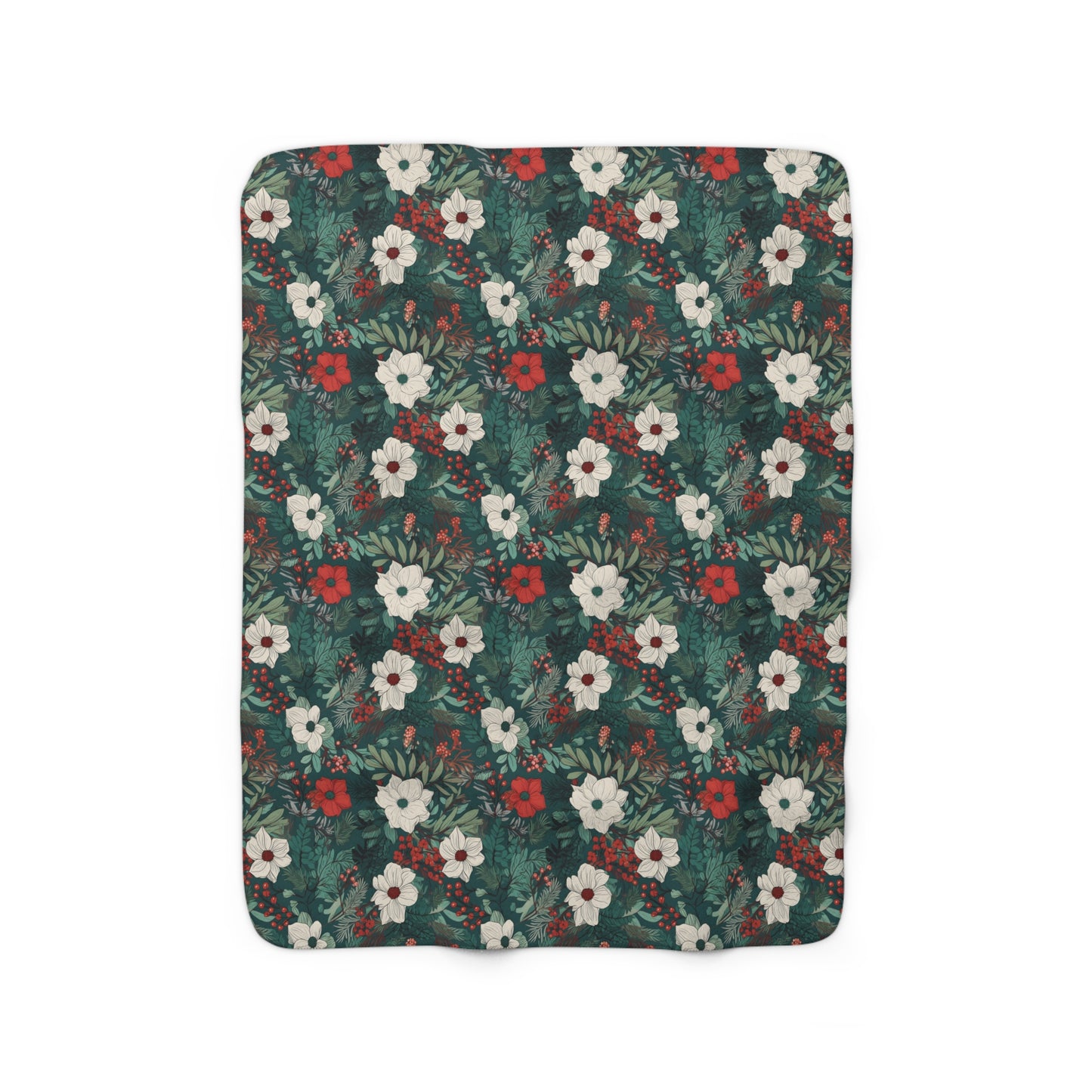 White and Red Floral Christmas Botanical Sherpa Fleece Blanket