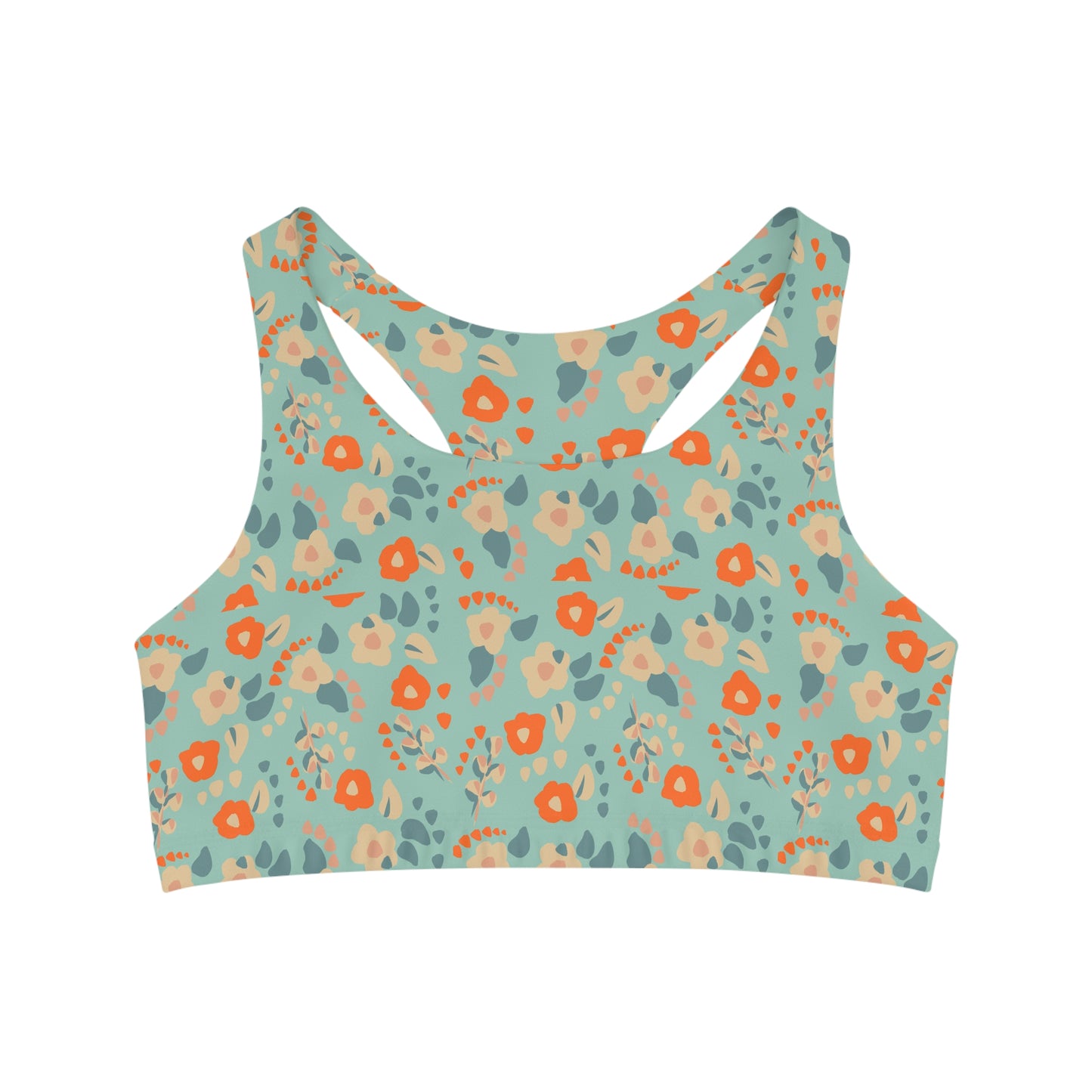 Boho Blue and Orange Dainty Floral Seamless Sports Bra
