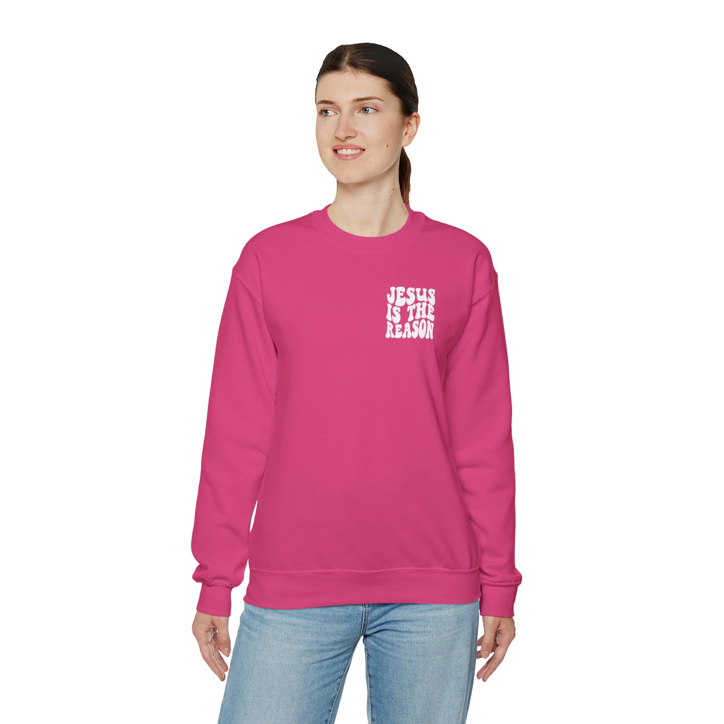 Jesus is the Reason Front & Back Design White Logo Unisex Heavy Blend™ Crewneck Sweatshirt