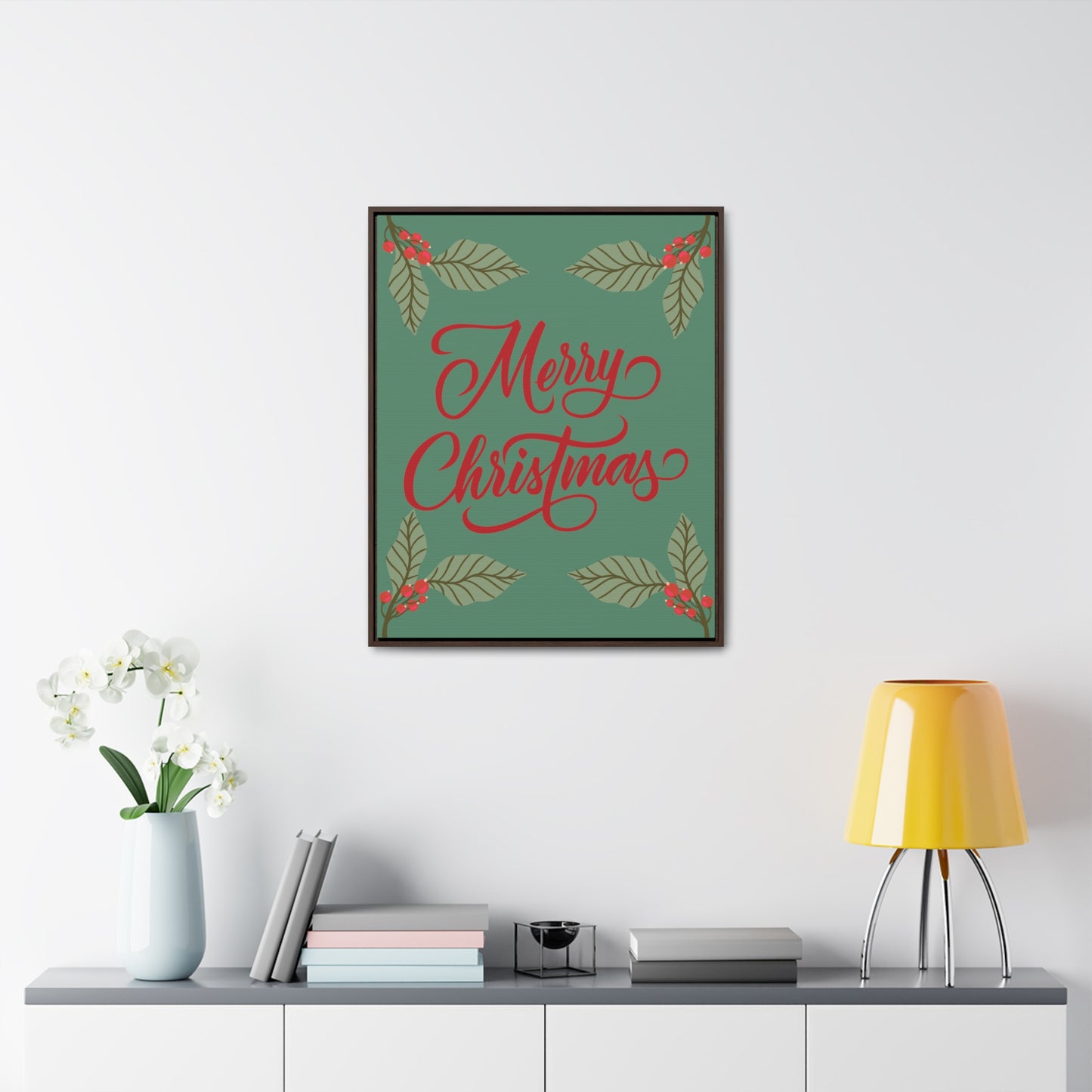 Merry Christmas Holly Berry Christmas Leaf Gallery Canvas Wraps, Vertical Frame