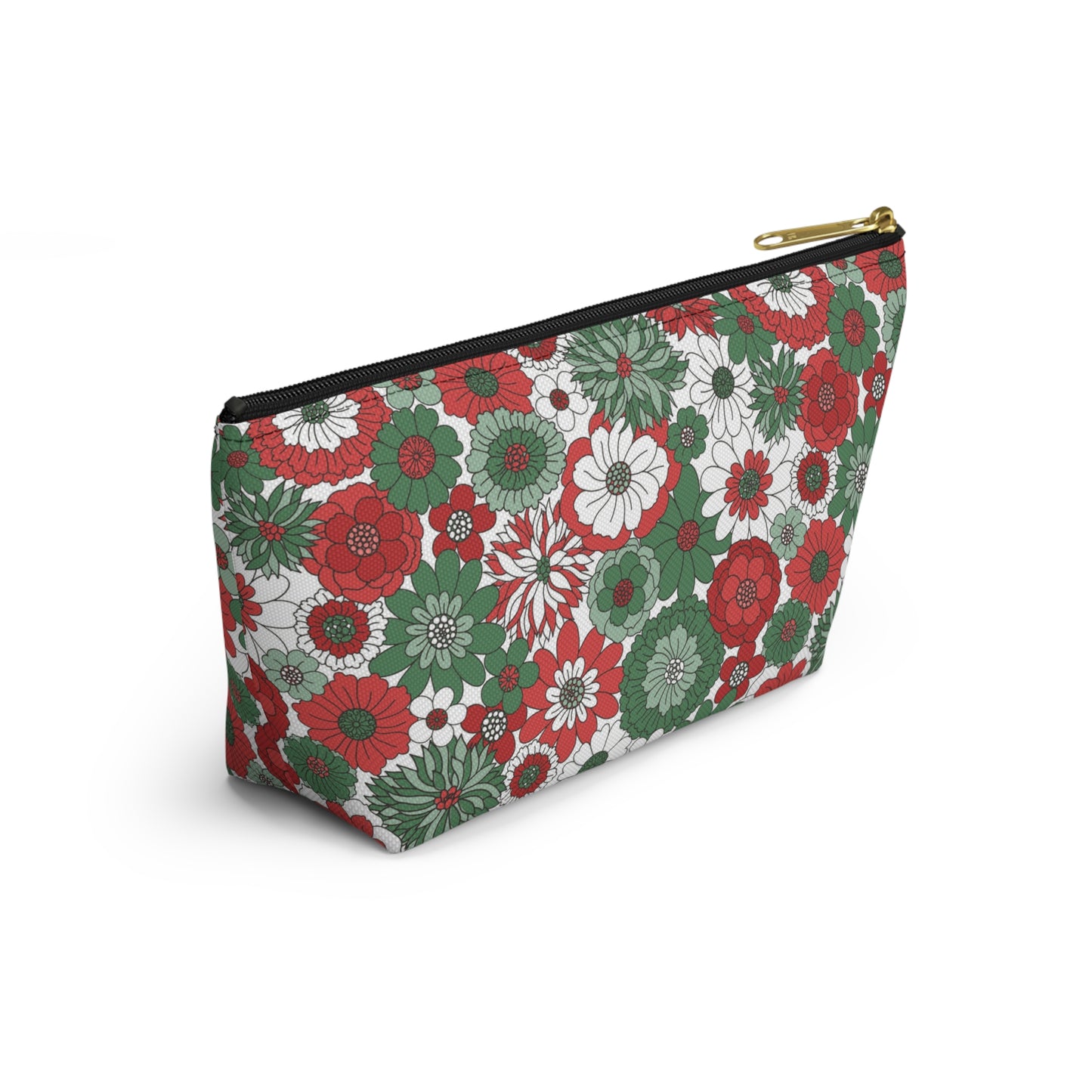 Retro Floral Christmas Red and Green Print Design Accessory Pouch w T-bottom