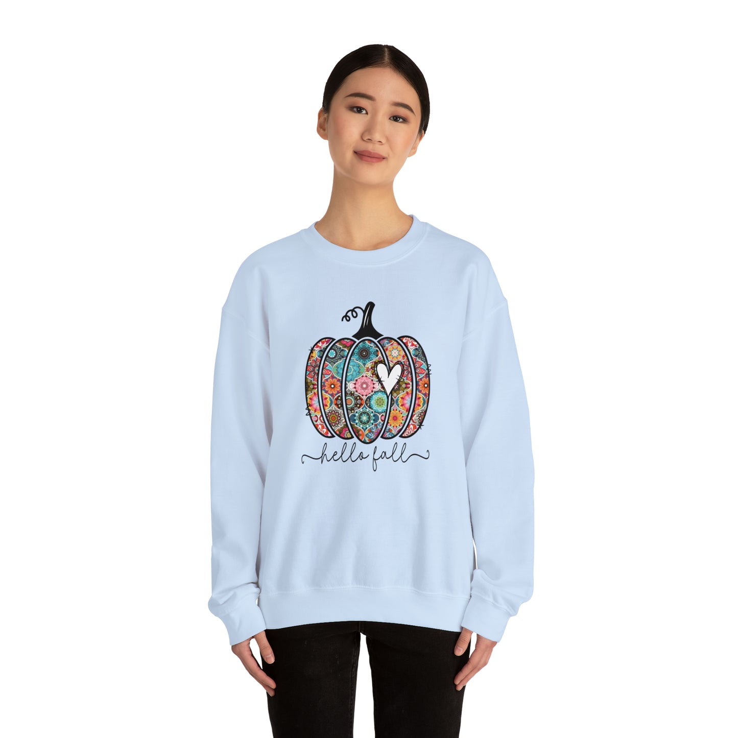 Hello Fall Print Pumpkin Fall Halloween Retro Warm Colored Unisex Heavy Blend™ Crewneck Sweatshirt