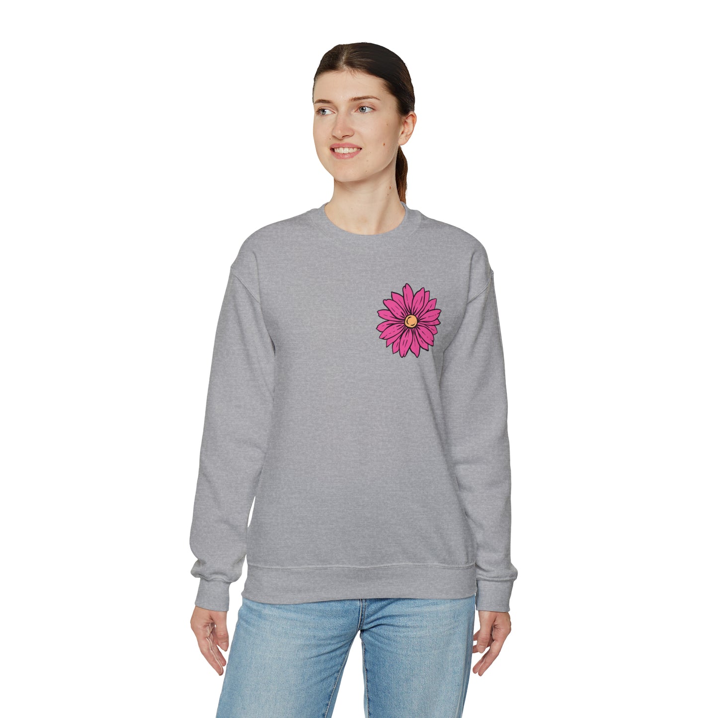 FRONT AND BACK DESIGN Positive Energy (Flower on Front and Message on Back) Font Heavy Blend™ Crewneck Sweatshirt